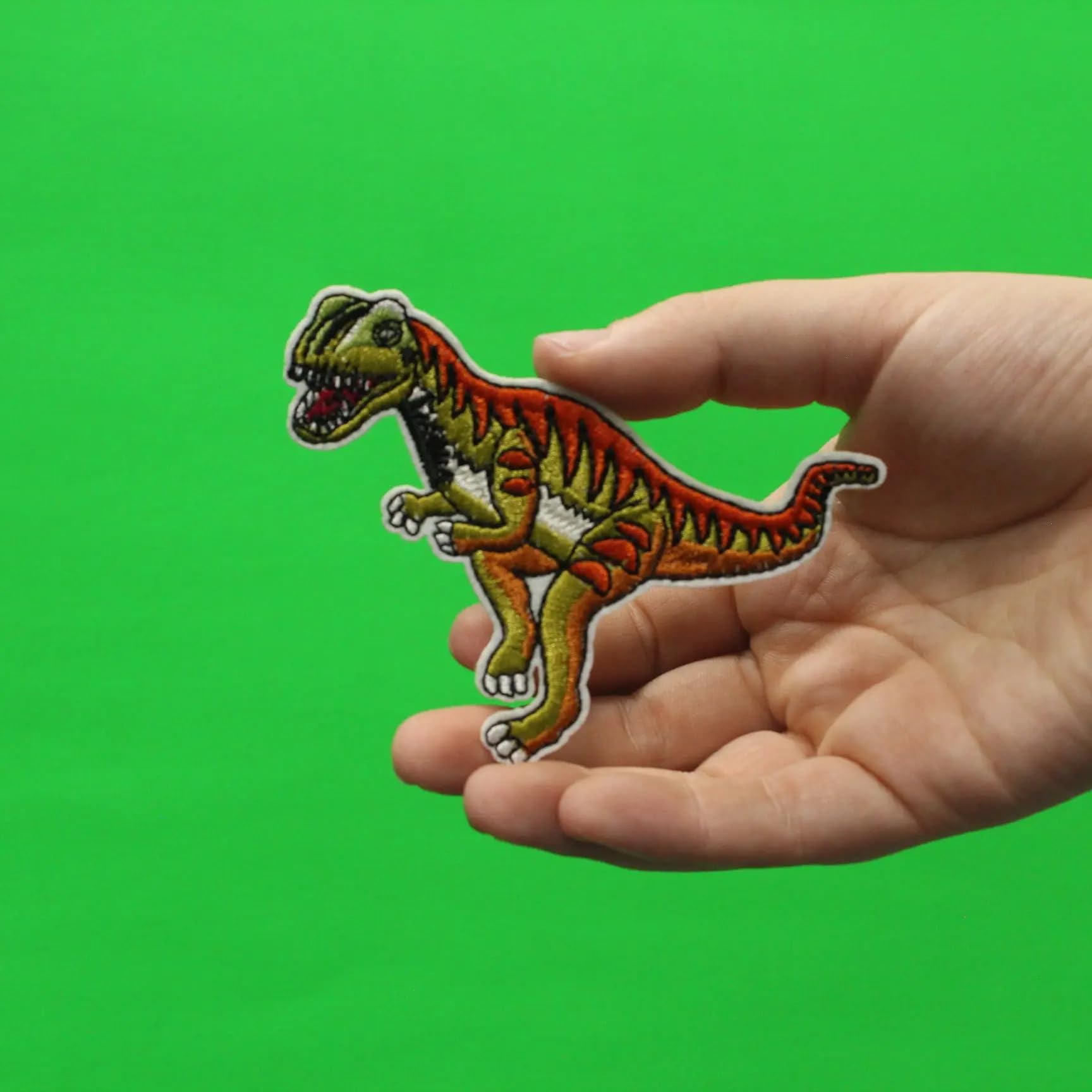 T-Rex Orange and Green Standing Dinosaur Embroidered Iron On Patch - Durable Sew-On Applique for Jackets, Backpacks & DIY Crafts - Perfect for Costumes, Cosplay & Kids Clothing Customization