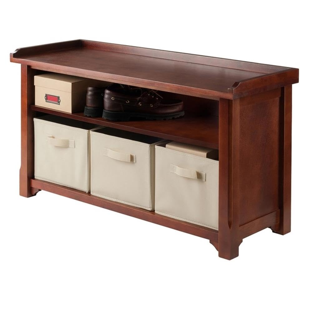 Pemberly Row Solid Wood Storage Bench with 3 Foldable Baskets - Walnut/Beige - Entryway, Living Room, Bedroom Organizer - Perfect for Shoes, Blankets & Home Decor Storage