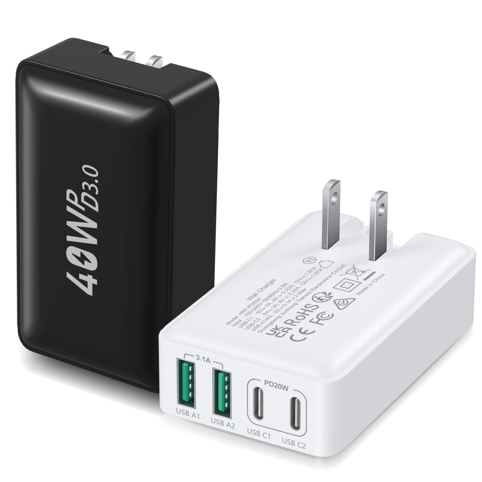40W USB C Wall Charger 4-Port Fast Charging Block with Dual PD+QC - Compact Foldable Travel Charger for iPhone 16/15 Pro Max/14/13, iPad, Galaxy S24, Pixel (2-Pack Black & White) - Perfect for Home, Office & Travel Use