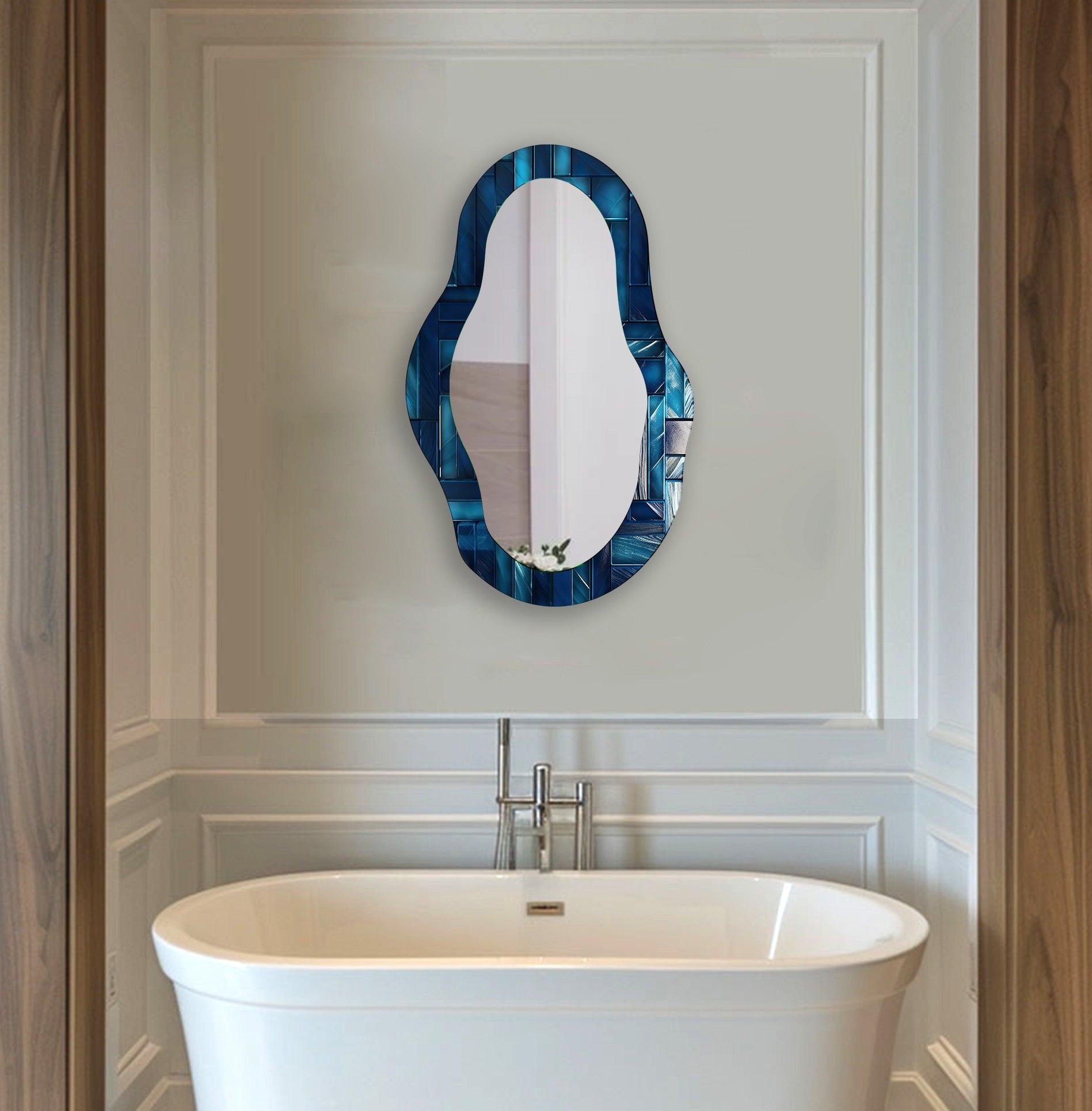 Blue Stained Abstract Asymmetric Wall Mirror - Modern Decorative Mirror for Living Room, Bedroom & Entryway - Unique Handcrafted Home Decor