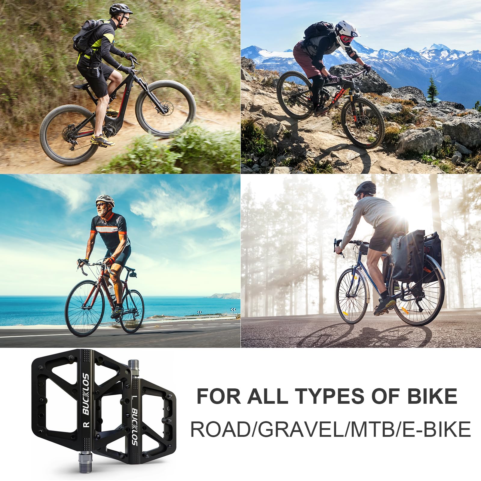 BUCKLOS MTB Pedals - Non-Slip Large Platform Mountain Bike Pedals for Adults, 9/16