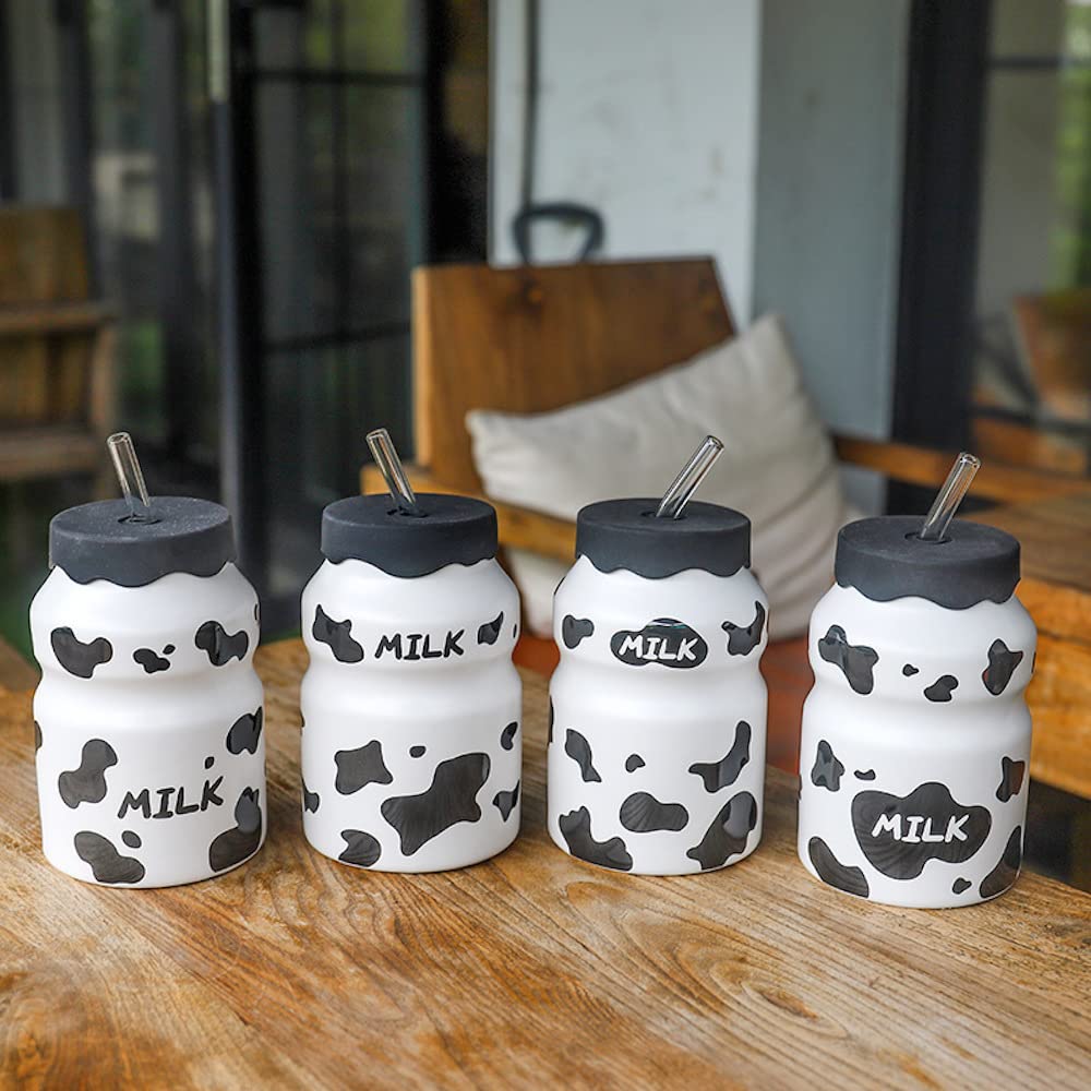 Set of 4 Cute Kawaii Ceramic Mugs with Silicone Lids & Straws - Aesthetic INS Style Milk Tea Cups - Perfect for Bubble Tea, Coffee, Juice & Home/Office Use