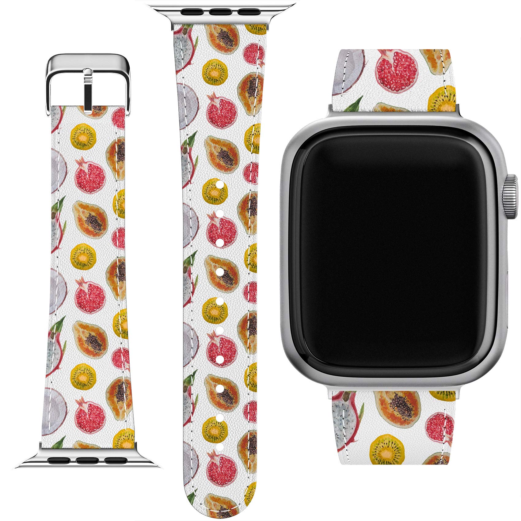 Apple Watch Bands Compatible with Series 7/6/5/4/3/2/1/SE (38-45mm) - Tropical Fruit Printed PU Leather Strap with Matching Phone Case - Summer Fashion Accessory for Workout, Travel & Daily Wear