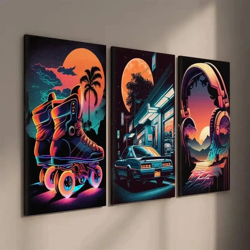 3-Piece 80s Retro Synthwave & Cyberpunk Car Wall Art Set - 60x90cm Framed Canvas Prints | High Quality Australian Made Wall Decor | Ready to Hang | Perfect for Man Cave, Gaming Room & Retro Office Decor