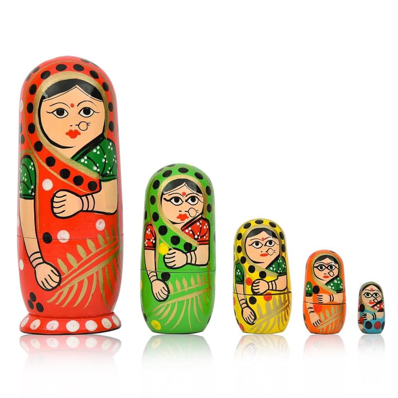 Handmade Hand-Painted Cute Wooden Nesting Dolls Set for Kids & Adults - Russian Matryoshka Style (5-Piece, Multicolor) - Perfect for Home Decor, Gift Giving & Collectibles