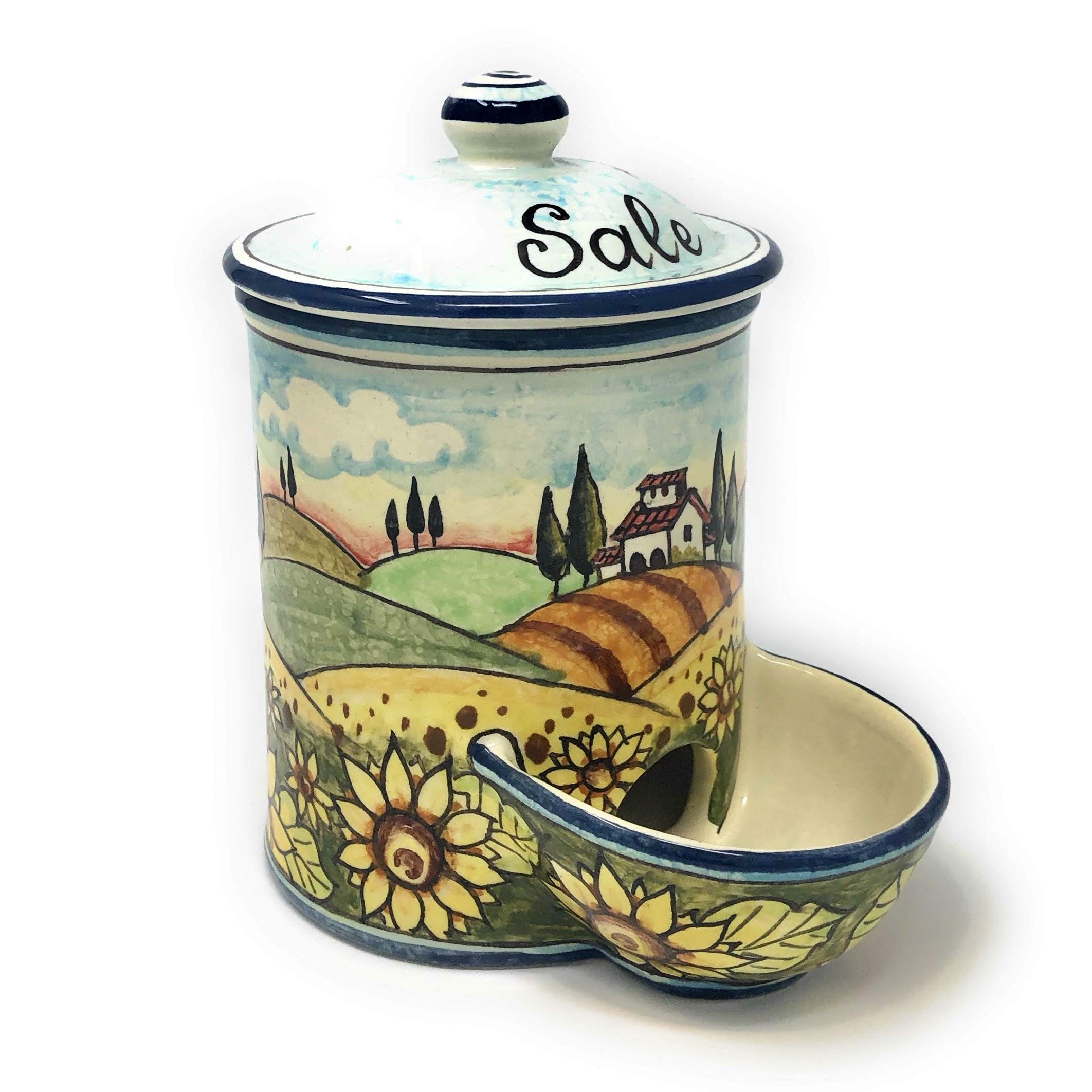 Hand-Painted Italian Ceramic Sunflower Jar - Tuscan Art Pottery for Salt, Spices & Home Decor - Perfect for Kitchen, Dining Table & Countryside Themed Decor