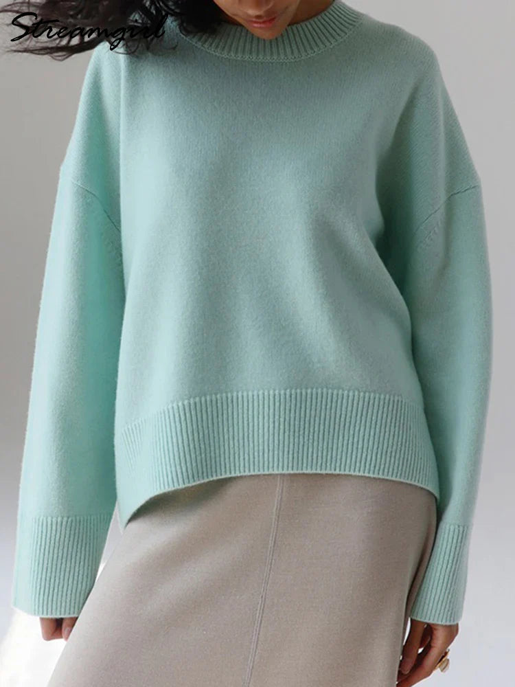 Oversized Women's Sweaters - Light Blue Knitted Pullovers with O Neck for Autumn & Winter | Cozy Loose Tops for Casual Wear, Office & Weekend Outfits