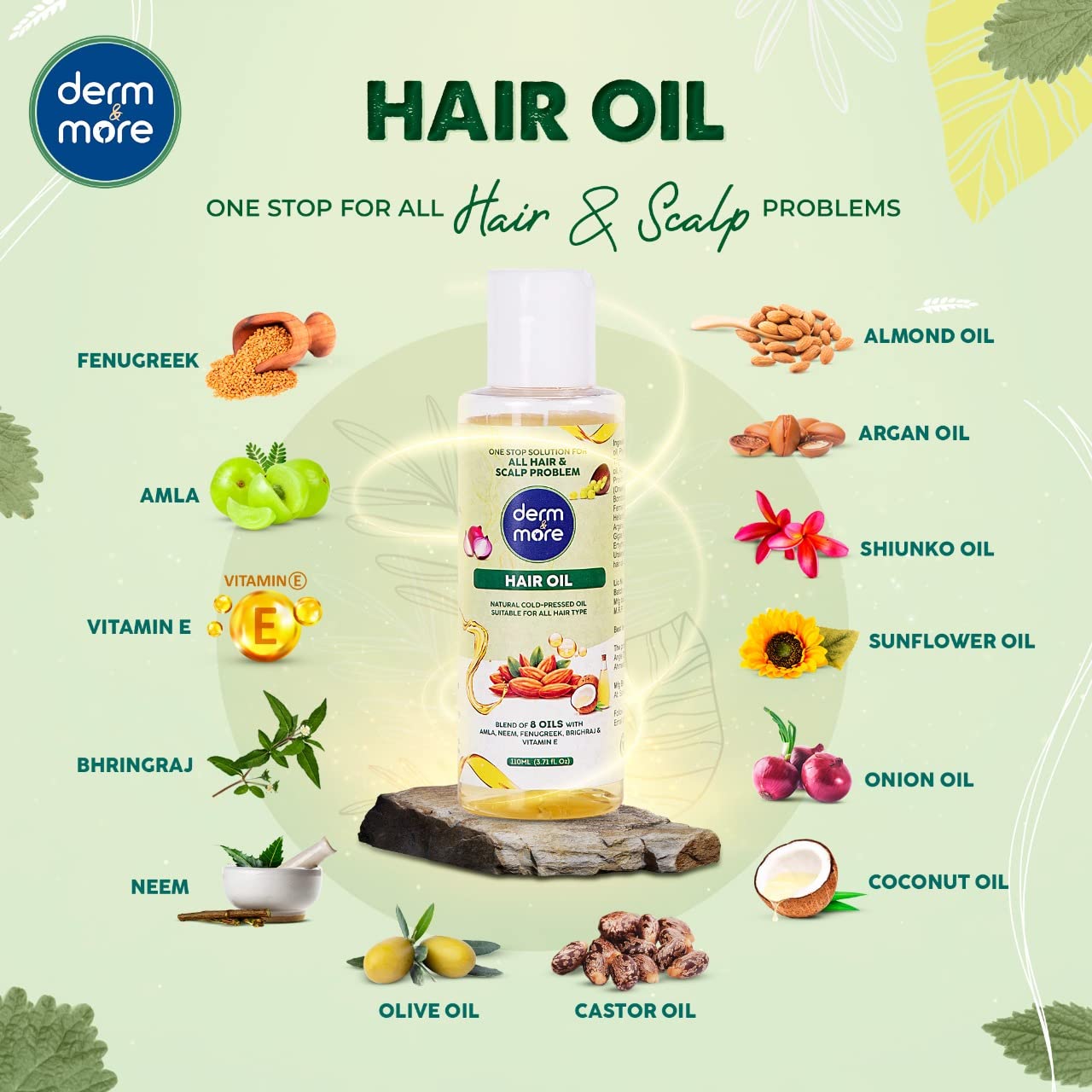 Derm & More Advanced Amla Vitamin E Neem Coconut Oil Enriched with 8 Natural Herb Extracts - 110ml for Dense Strong Hair Growth | Hair Treatment for Dry Damaged Hair, Scalp Nourishment & Split Ends Repair | Perfect for Daily Hair Care & Styling