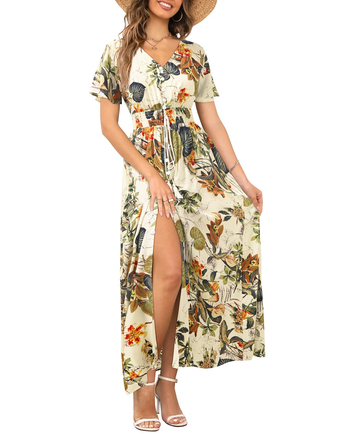 Floral Maxi Dress for Women - Button Up Front with Side Slit & Flowy Print - Perfect for Parties, Weddings & Summer Vacations
