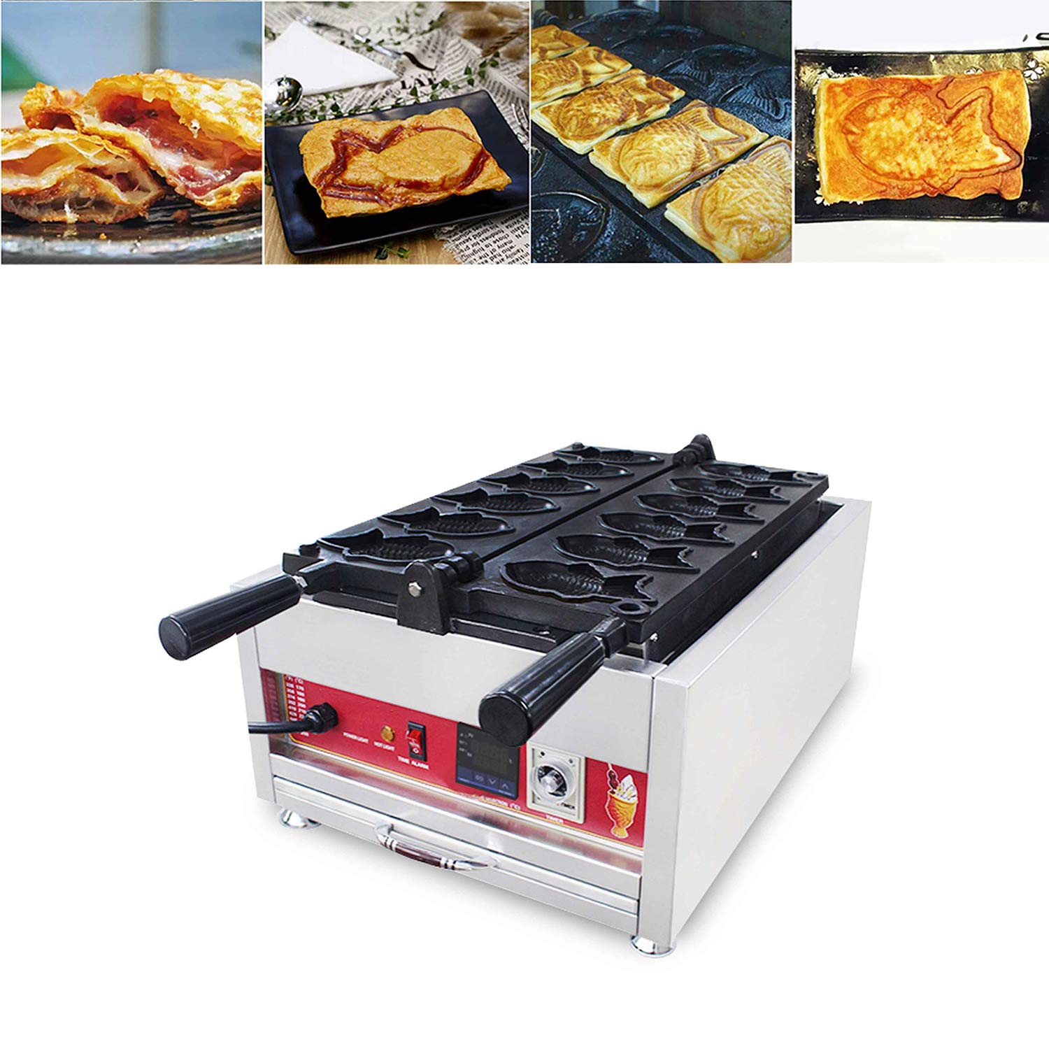 Commercial Digital Taiyaki Maker - 110V Nonstick Japanese Fish-Shaped Waffle & Pancake Machine with Timer for Restaurant, Cafe & Home Use (6-Piece Set) - Perfect for Street Food, Dessert Shops & Breakfast
