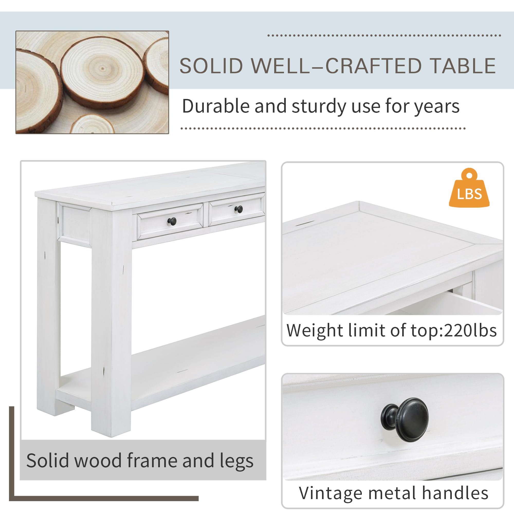 P PURLOVE Farmhouse Solid Wood Console Table with Drawer - 48