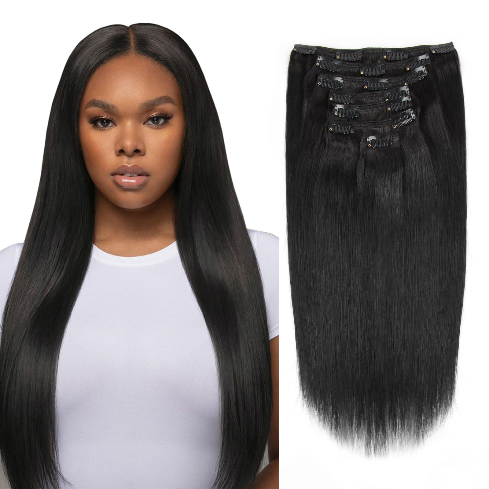 Premium Sassina Silk Straight Clip-in Hair Extensions – 100% Remy Human Hair, Double Weft, Natural Black (#1B) – 16 Inch, 120g, 7-Piece Set for Full Head Volume | Perfect for Daily Styling, Parties & Special Occasions