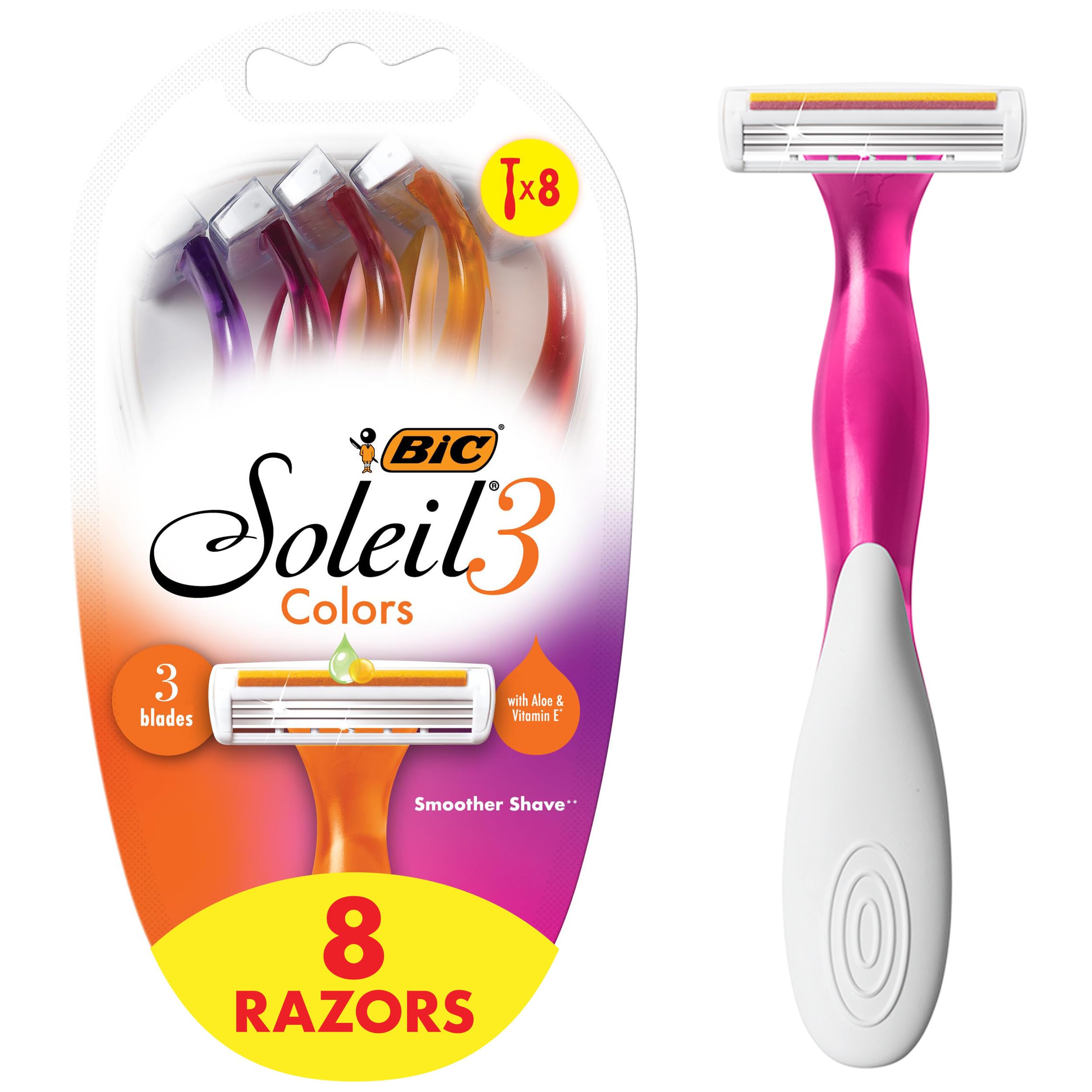 BIC Soleil Smooth Colors Women's Disposable Razors - 8 Count Pack with 3 Blades, Aloe Vera & Vitamin E Lubricating Strip for Smooth Shaving - Perfect for Travel, Gym Bag & Everyday Use