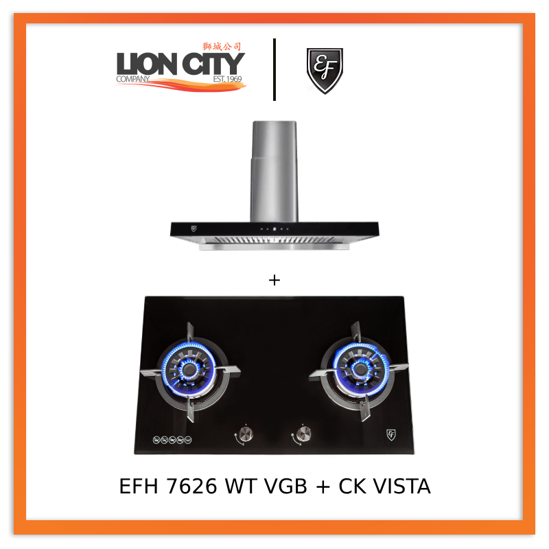 EF EFH 7626 WT VGB 78cm 2-Burner Built-in Gas Hob + CK VISTA 90cm Cooker Hood - Professional Kitchen Cooking Solution for Home Chefs & Restaurants