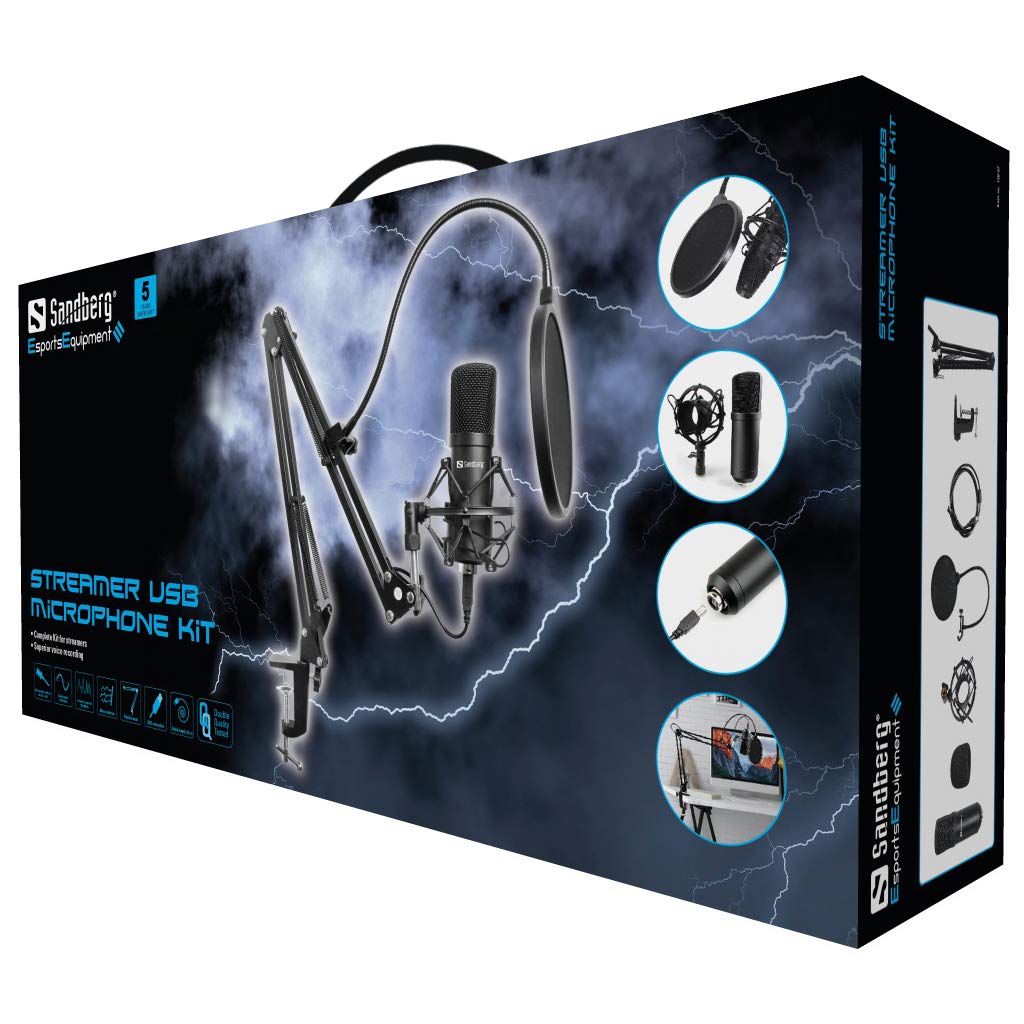 Sandberg Streamer USB Microphone Kit (Model 126-07) - Professional Black Condenser Mic for Streaming, Podcasting & Gaming - Perfect for Twitch, YouTube & Voice Recording