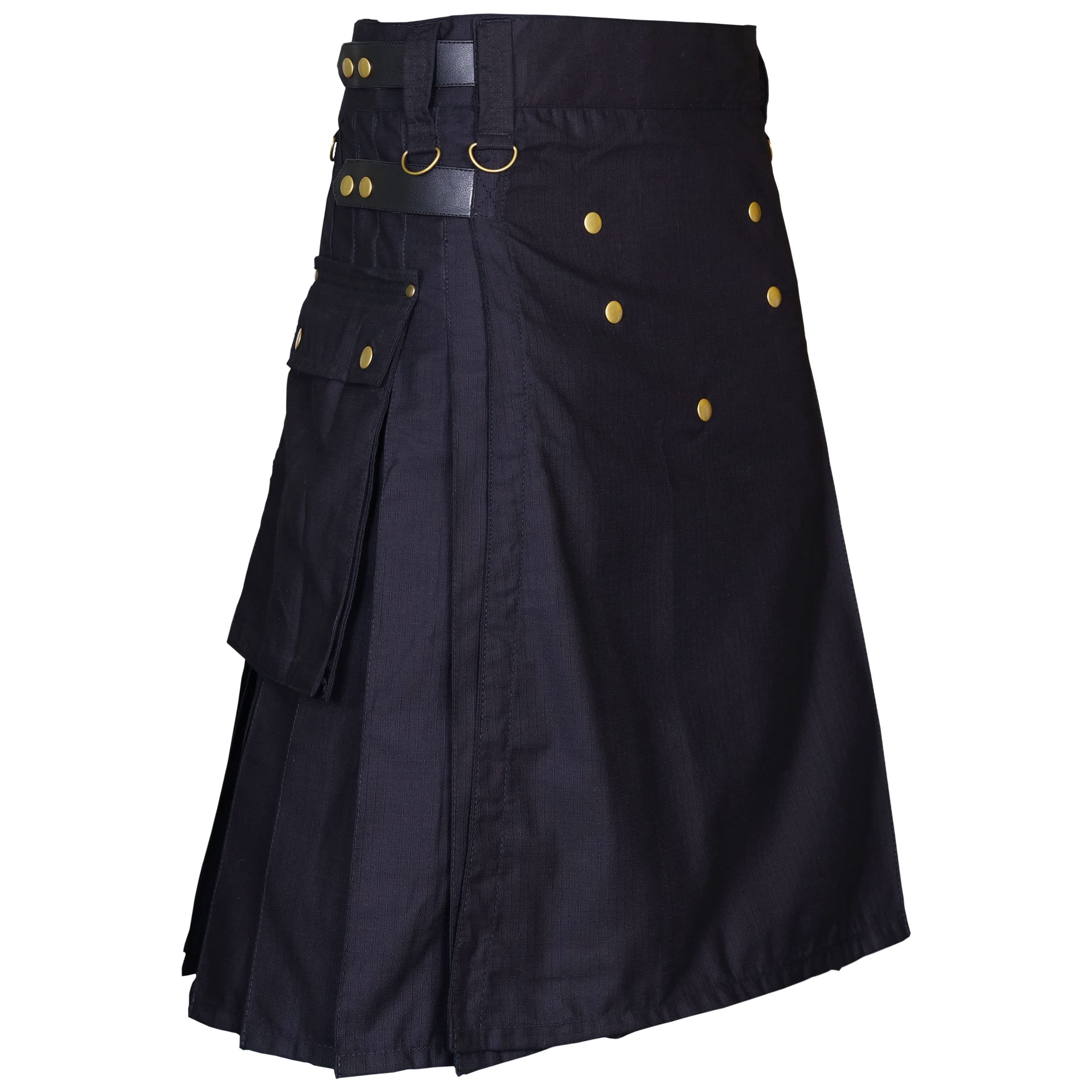 McWilliams Black Leather Straps Utility Sports Kilt for Men - Durable & Comfortable Outdoor Kilt for Hiking, Camping, and Festivals