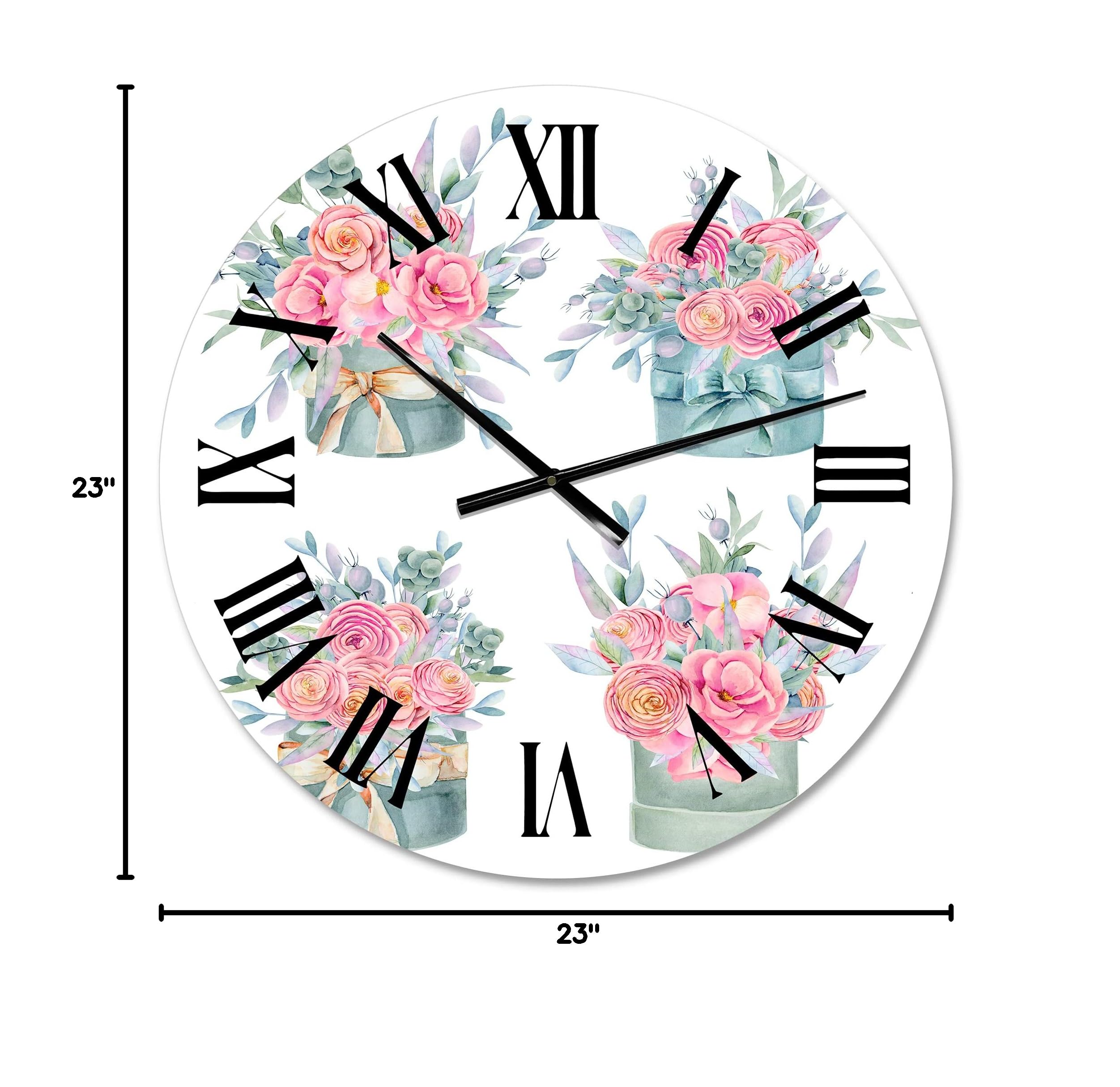 DesignQ Farmhouse Wall Clock - Large Pink Roses Floral Wall Decor for Kitchen, Living Room, Bedroom | Perfect for Rustic Home Decor & Gift Giving