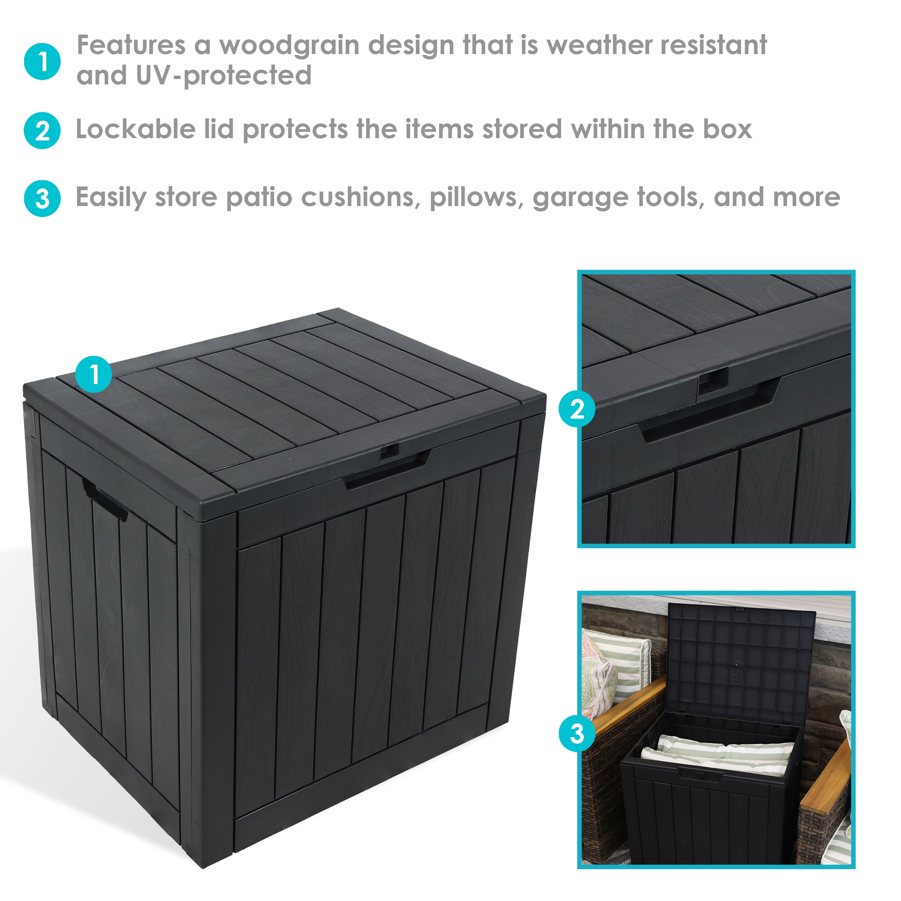 Sunnydaze 32 Gallon Small Deck Storage Box with Lockable Lid - Outdoor Patio Furniture Organizer for Cushions, Pillows, and Garden Tools