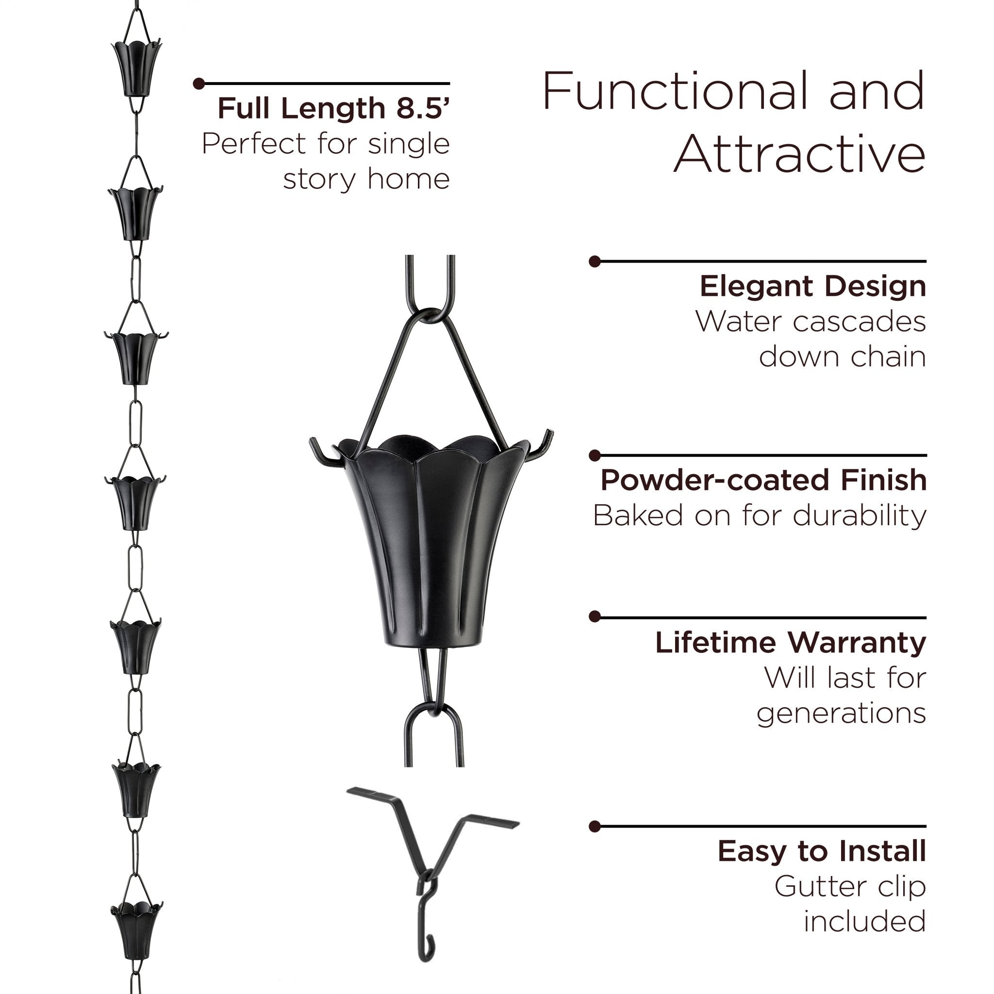 8.5 ft Black Fluted Flower Rain Chain with 11 Large Cups - Perfect for Garden Drainage & Outdoor Decor