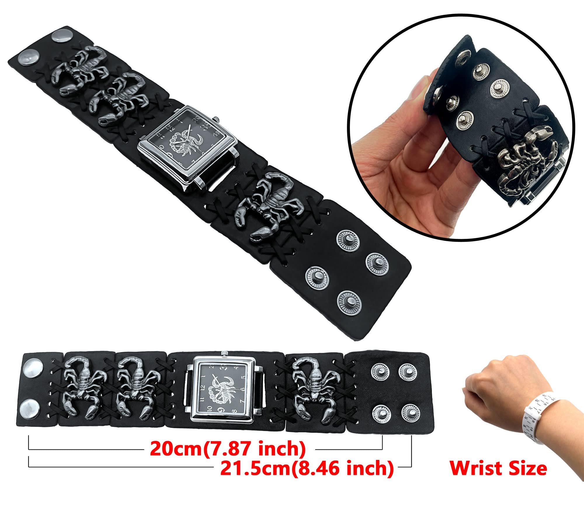 Scorpion Punk Men & Women Black Leather Cuff Band Watch - Wide Strap Rock Locomotive Fashion Timepiece for Casual Wear, Gothic Style, and Night Out Accessories