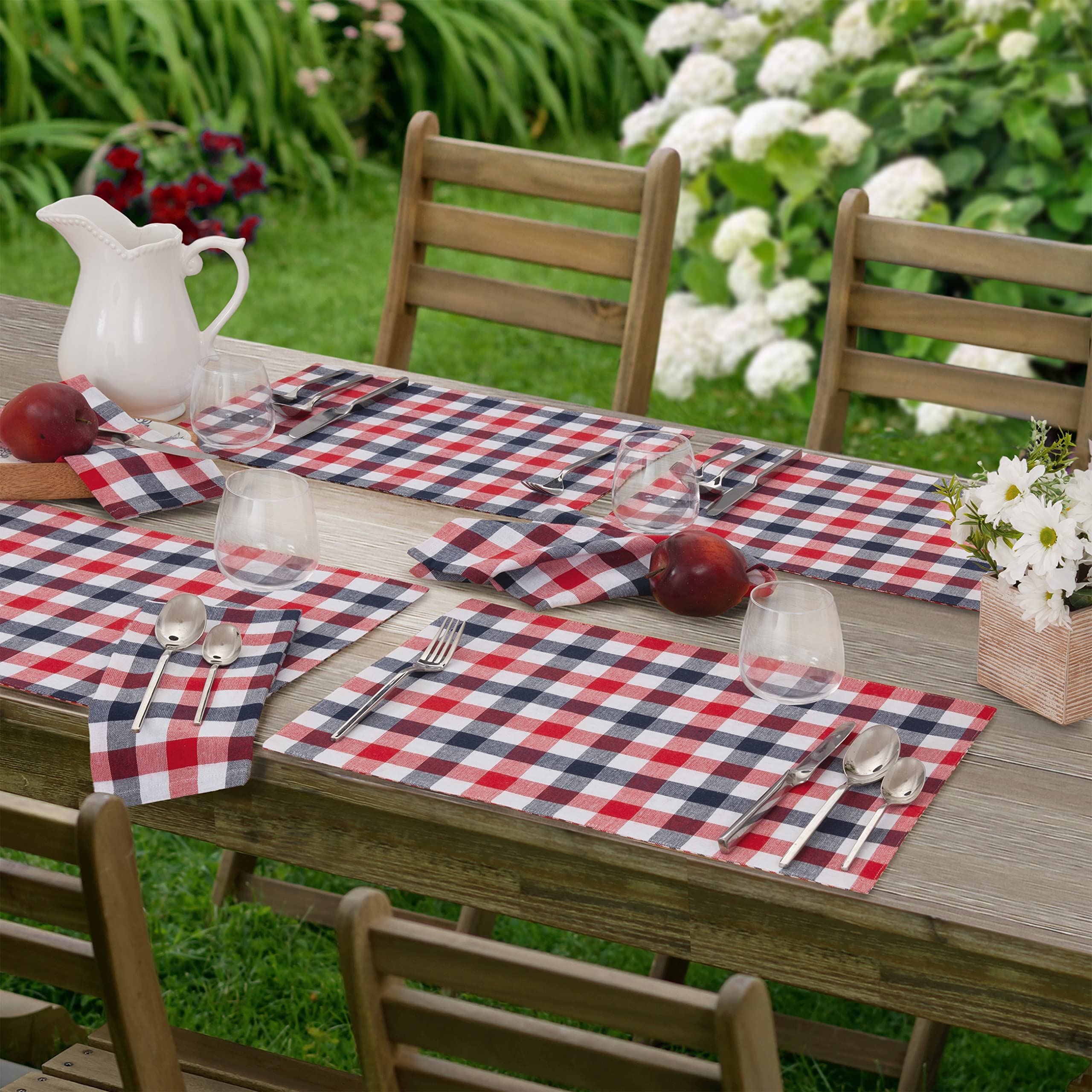 4-Pack Rectangle Fabric Placemats - Patriotic Gingham Pattern in Red White & Blue - Indoor/Outdoor Dining & BBQ Party Decor - Durable American-Themed Table Setting for Picnics, Backyard Gatherings & Holiday Celebrations