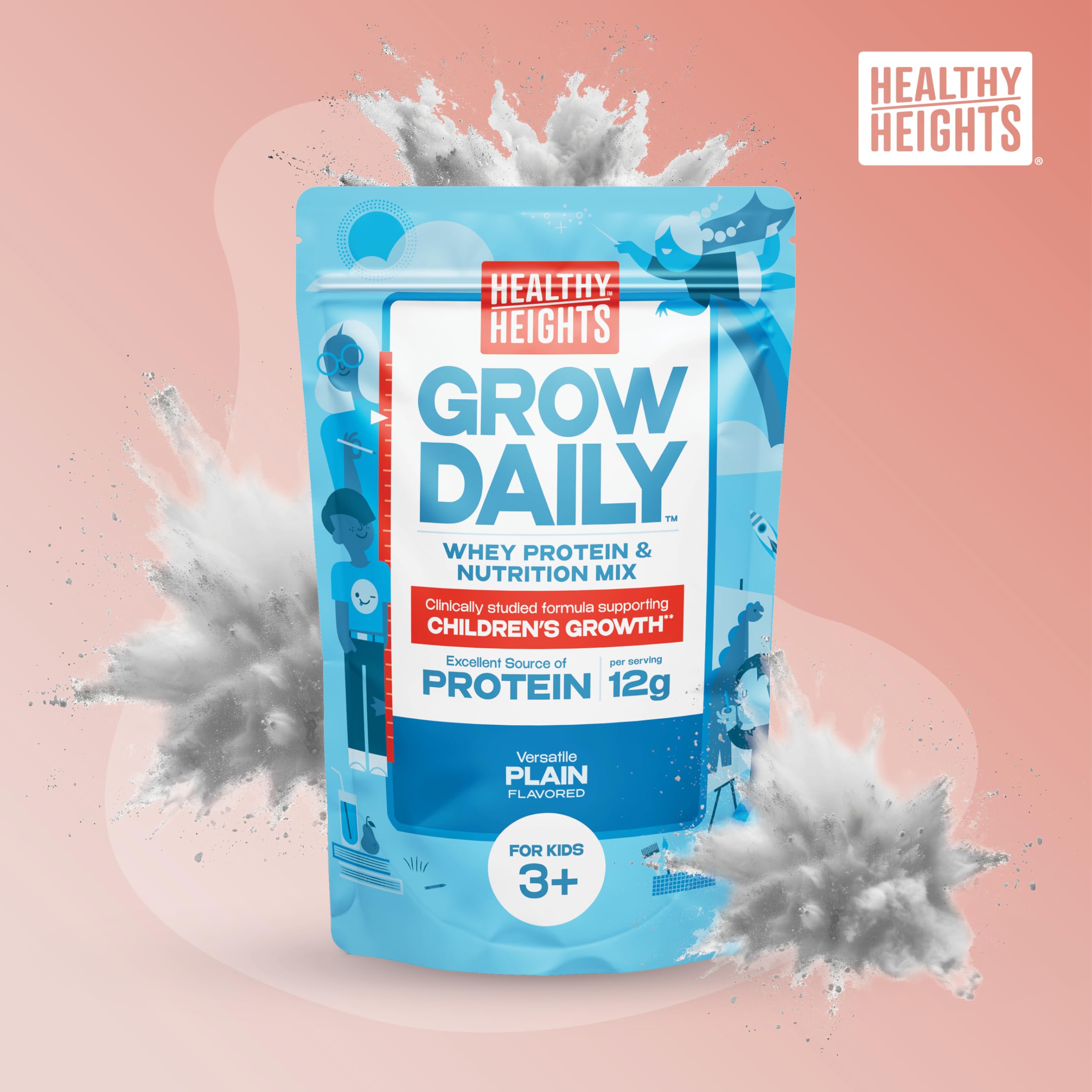 Healthy Heights Grow Daily Protein Powder (Plain) - Pediatrician-Developed Protein Shake for Kids - High Protein Nutritional Drink with Essential Vitamins & Minerals - No Added Sugar - Perfect for Breakfast, After-School Snacks & Active Lifestyles
