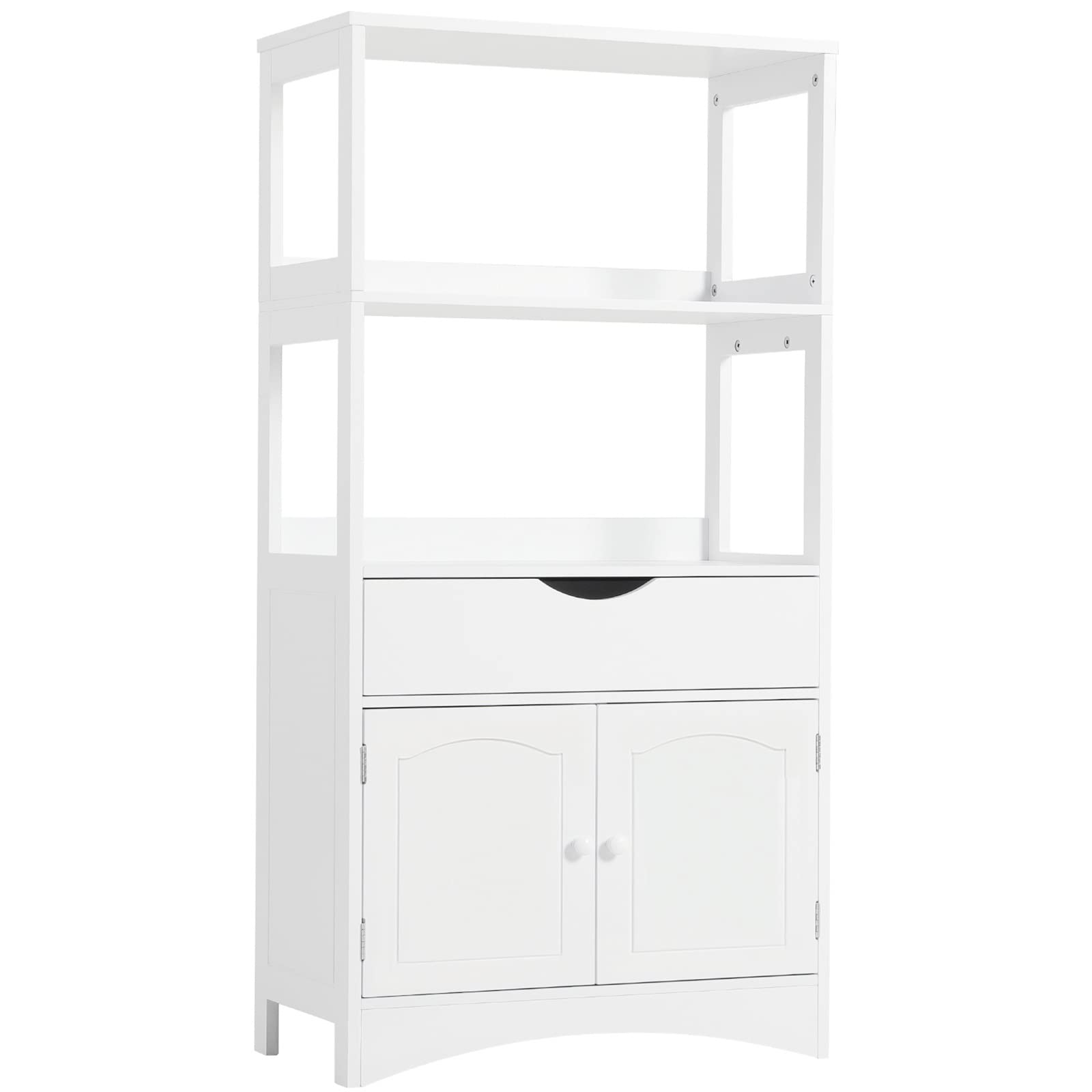 White Sideboard Storage Cabinet with 2 Open Shelves, 1 Drawer & Cupboard - Kitchen Pantry Organizer with Microwave Space, Freestanding Floor Cabinet for Bathroom, Living Room & Bedroom - Perfect for Home Storage, Bookshelf & Display Unit
