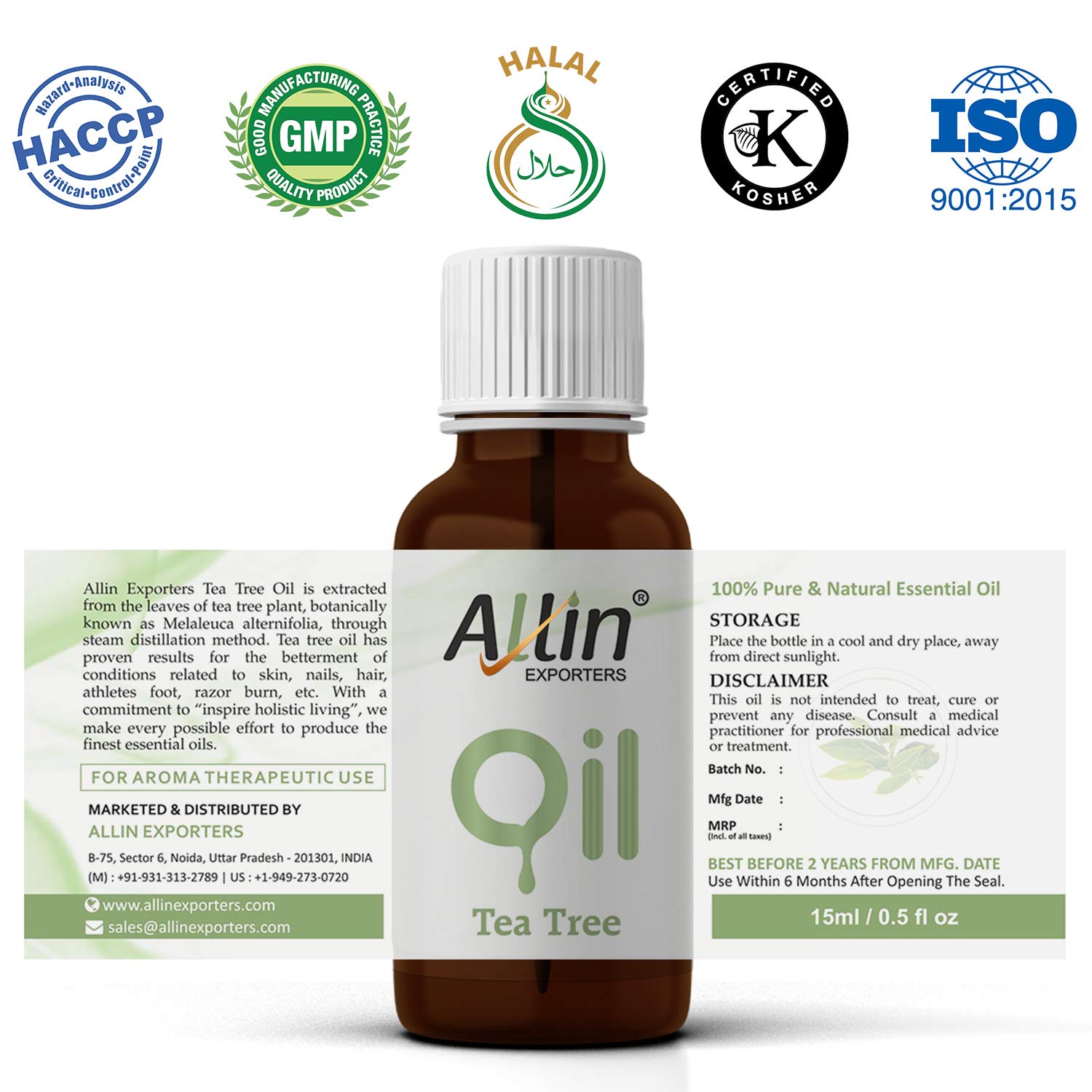 Pure Tea Tree Essential Oil 15ml - Undiluted, Therapeutic Grade for Healthy Skin, Hair & Face | Aromatherapy, Acne Treatment & DIY Beauty | Allin Exporters