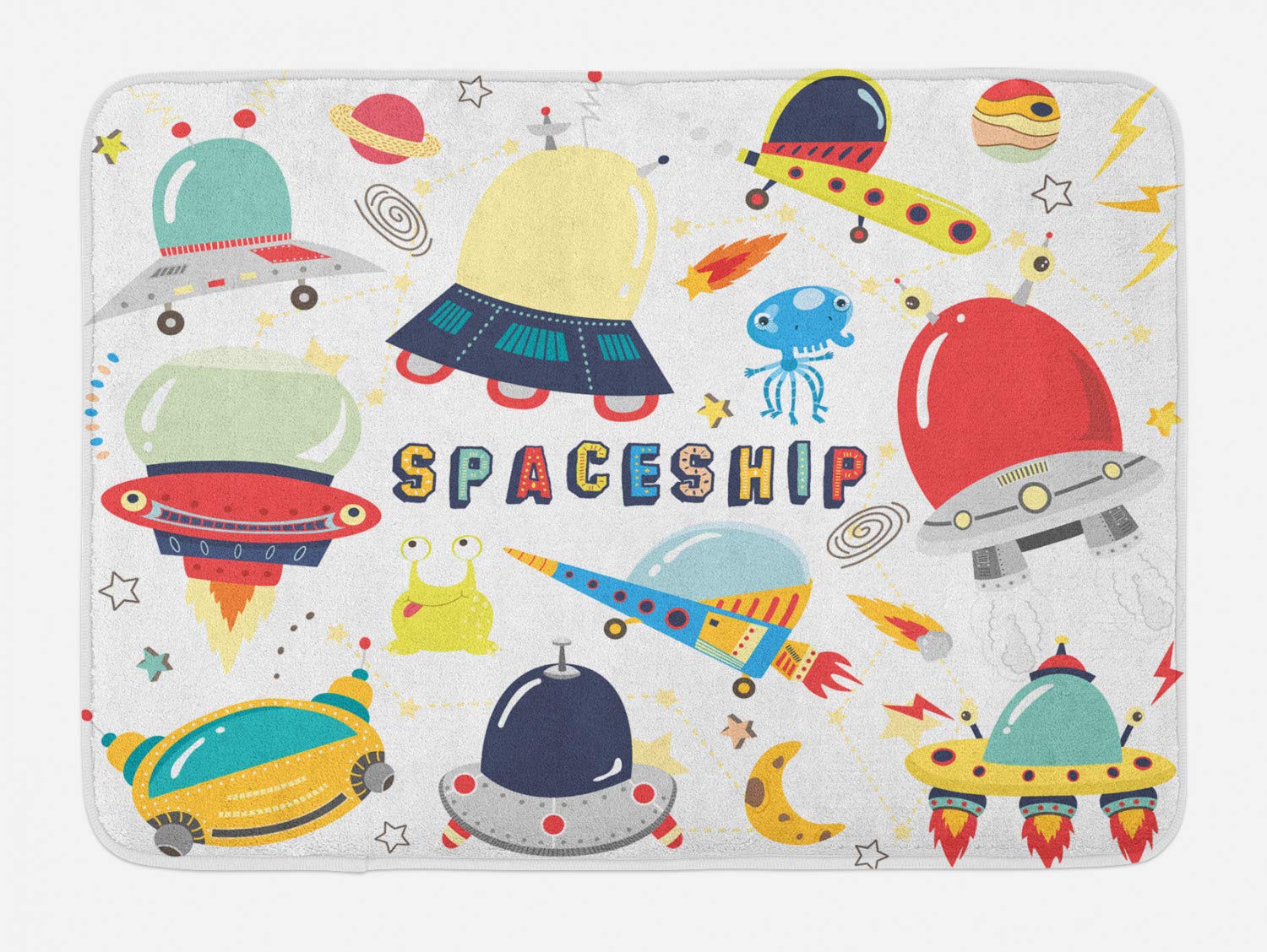 Ambesonne Science Party Bath Mat - Retro Cartoon UFO & Alien Design, Non-Slip Plush Bathroom Rug, 30