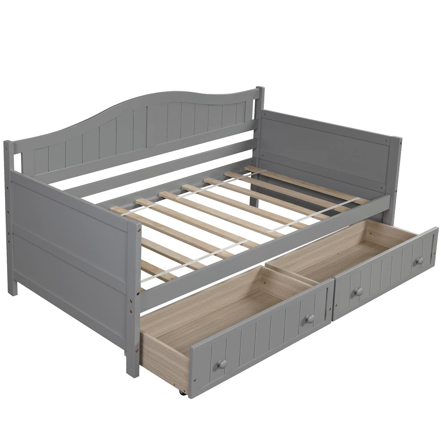 Triple Tree Wooden Twin Daybed Frame with 2 Drawers - Sturdy Twin Size Sofa Bed for Kids, Teens & Adults - 10 Wood Slat Support Platform - No Box Spring Needed - Gray - Perfect for Bedroom, Living Room & Guest Room Space Saving Solution