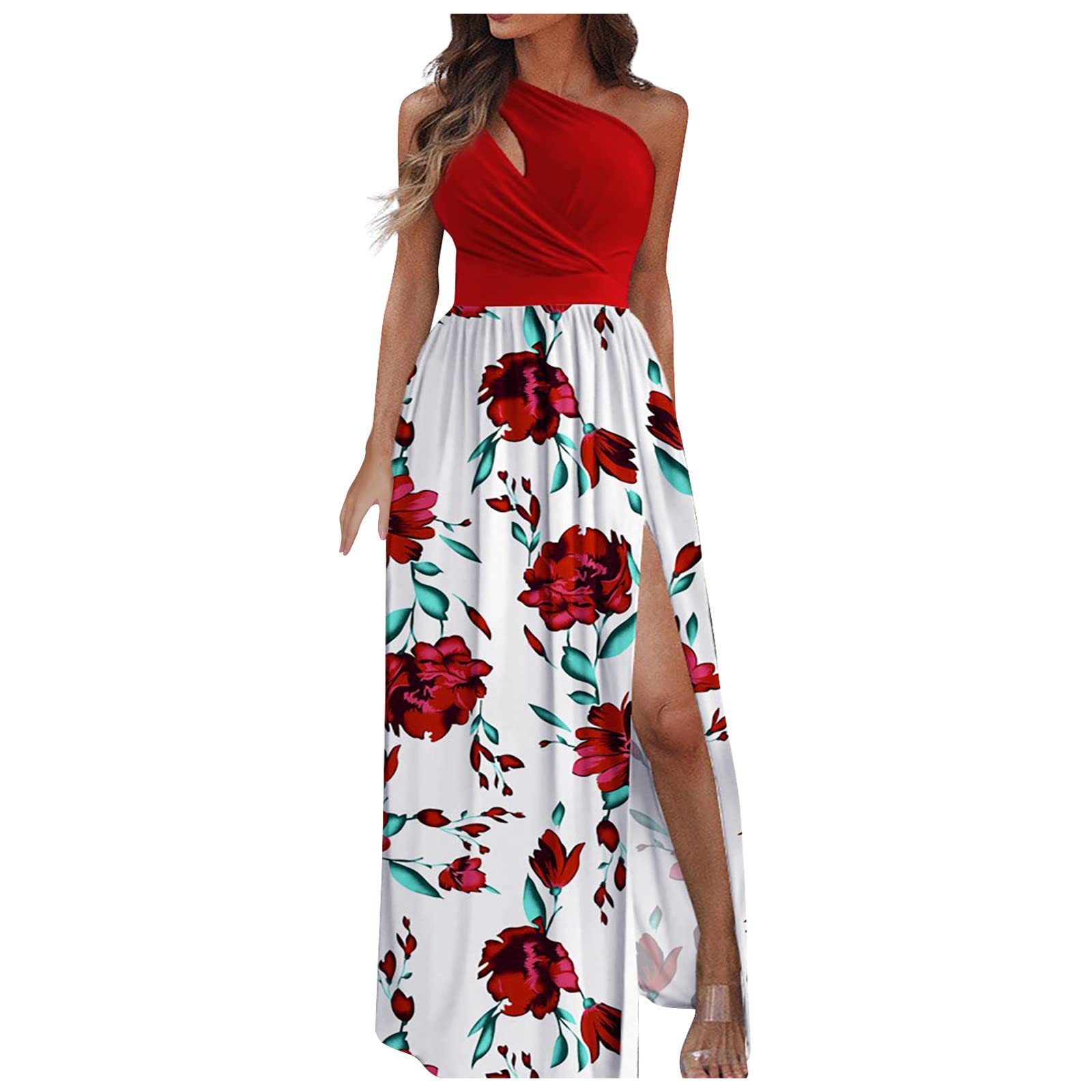 Elegant One Shoulder High Slit Maxi Dress for Women - Sexy Hollow Out Ruched Party Dress for Date Night, Evening Events & Special Occasions