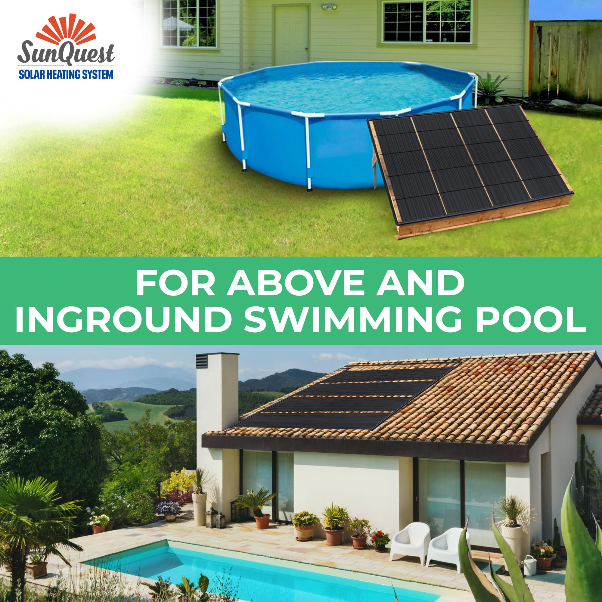 SunQuest Solar Pool Heater Panels - 2 Pack (2ft x 12ft) Solar Water Heating System with Roof/Rack Mount & Add-on Kit for Above Ground and Inground Pools | DIY Installation | UV-Resistant Polypropylene Panels | Perfect for Backyard, Residential and Commercial Pool Heating