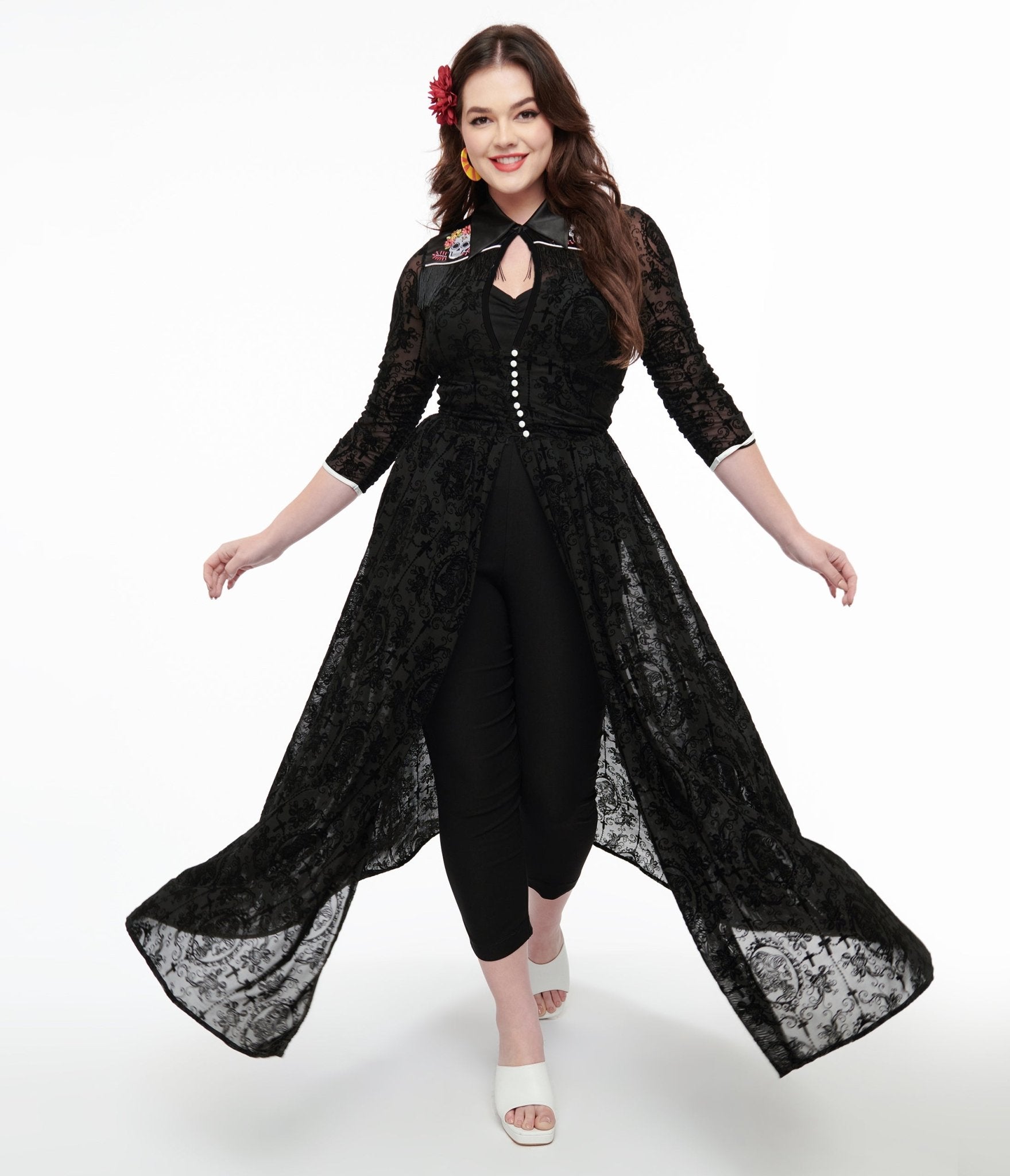 Vintage 1950s Black Flocked La Caterina Day of the Dead Western Duster Coat - Retro Mexican Sugar Skull Print Jacket for Halloween Costume, Dia de Muertos Celebration & Western Fashion
