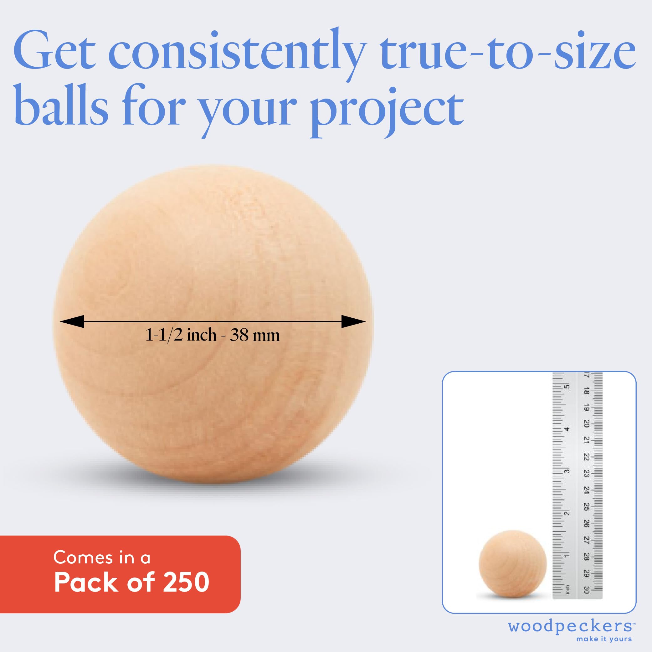 1.5 Inch Unfinished Hardwood Birch Wooden Round Balls - Pack of 250 for DIY Crafts, Woodworking, Home Decor & Kids Projects - Perfect for Christmas Ornaments, Garland Making & Creative Art Supplies (1.5