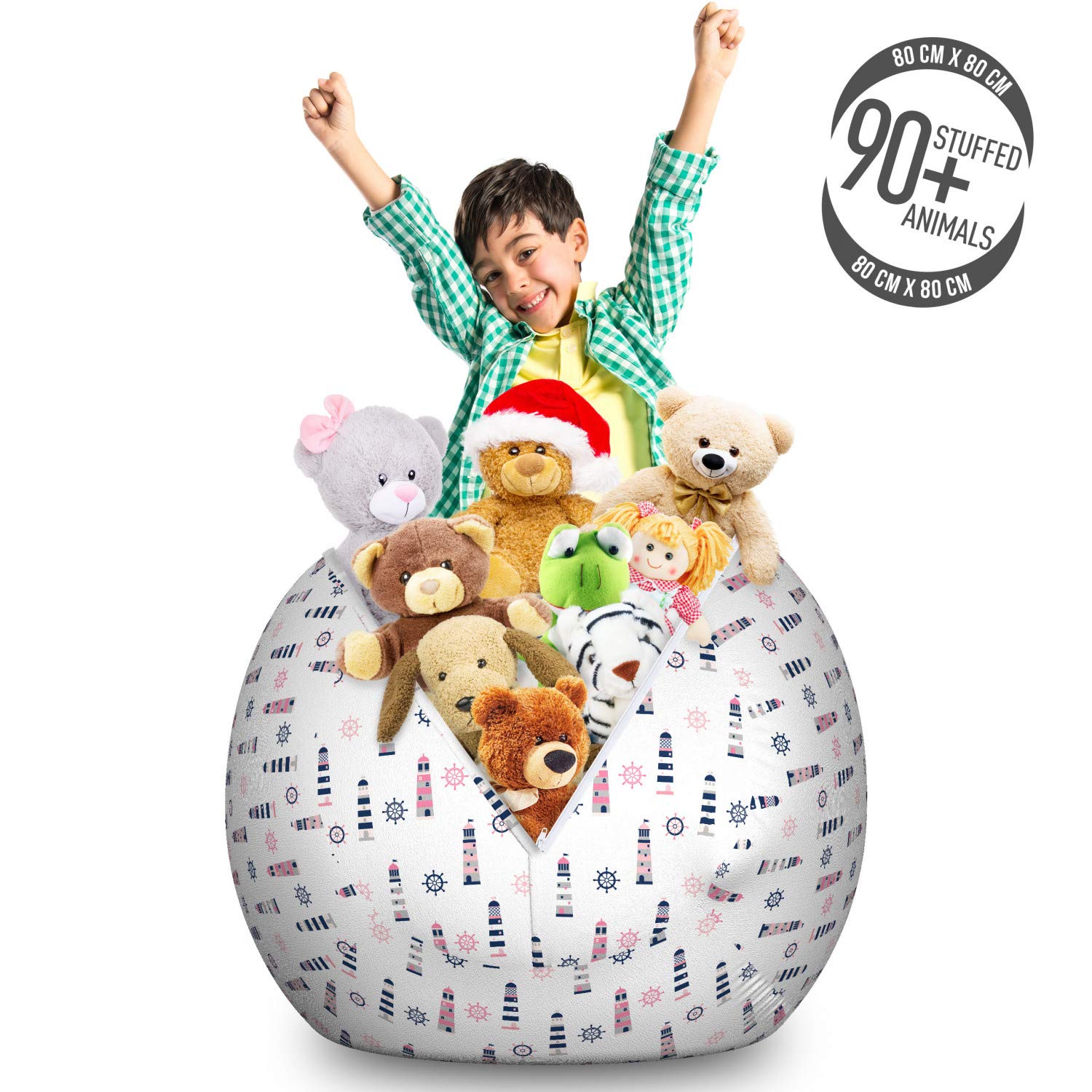 Ambesonne Nautical Toy Storage Bag Chair - Ocean Themed Organizer with Steering Wheel & Lighthouse Design, Washable Large Stuffed Animal Holder in Pastel Pink Pearl Indigo | Perfect for Kids' Room, Playroom & Beach Themed Decor