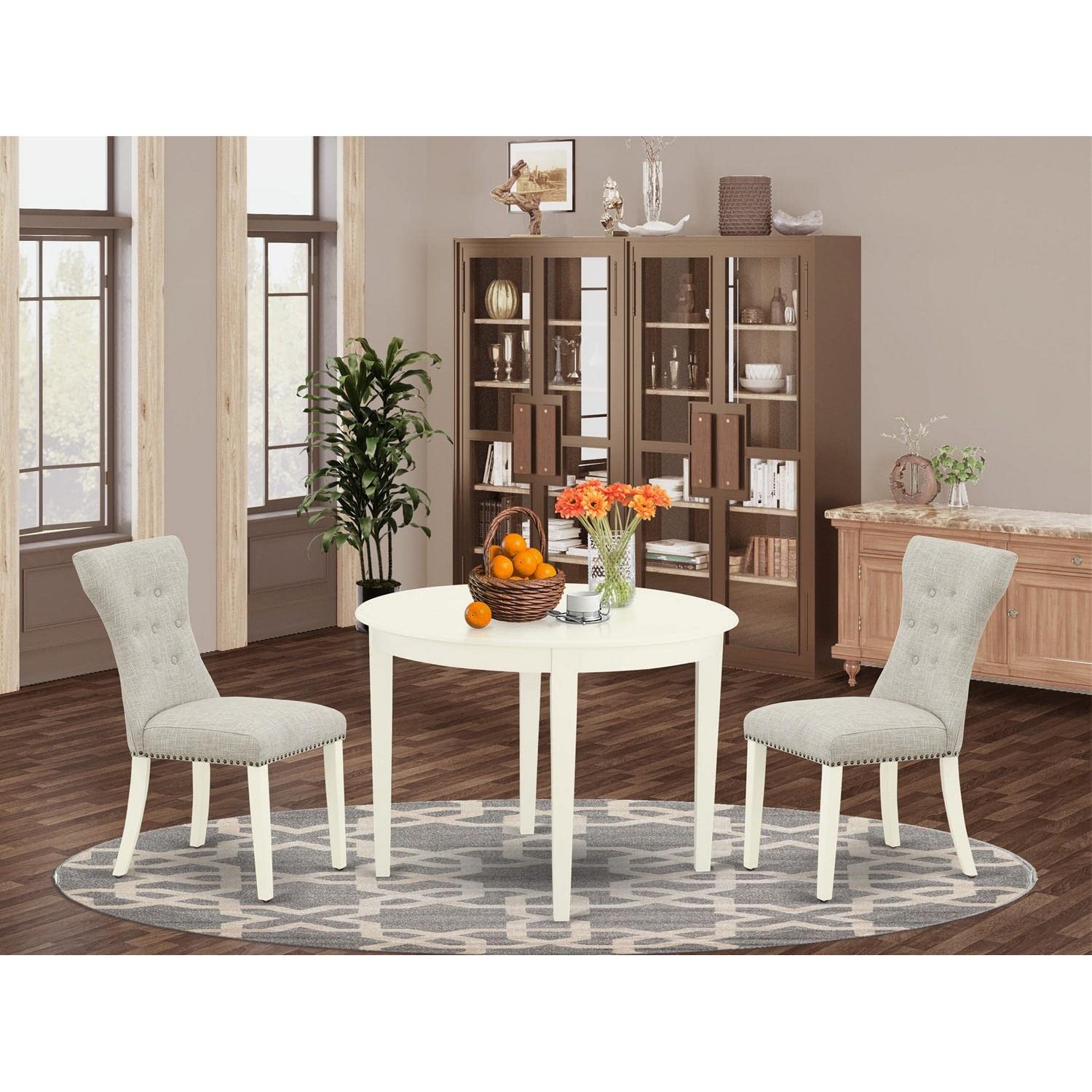 East West Furniture BOGA3-WHI-35 3-Piece Round Dining Table Set with 2 Parson Chairs for Small Spaces - 42x42 Inch Compact Kitchen Table Set in Linen White - Perfect for Apartments, Breakfast Nooks & Cozy Dining Areas
