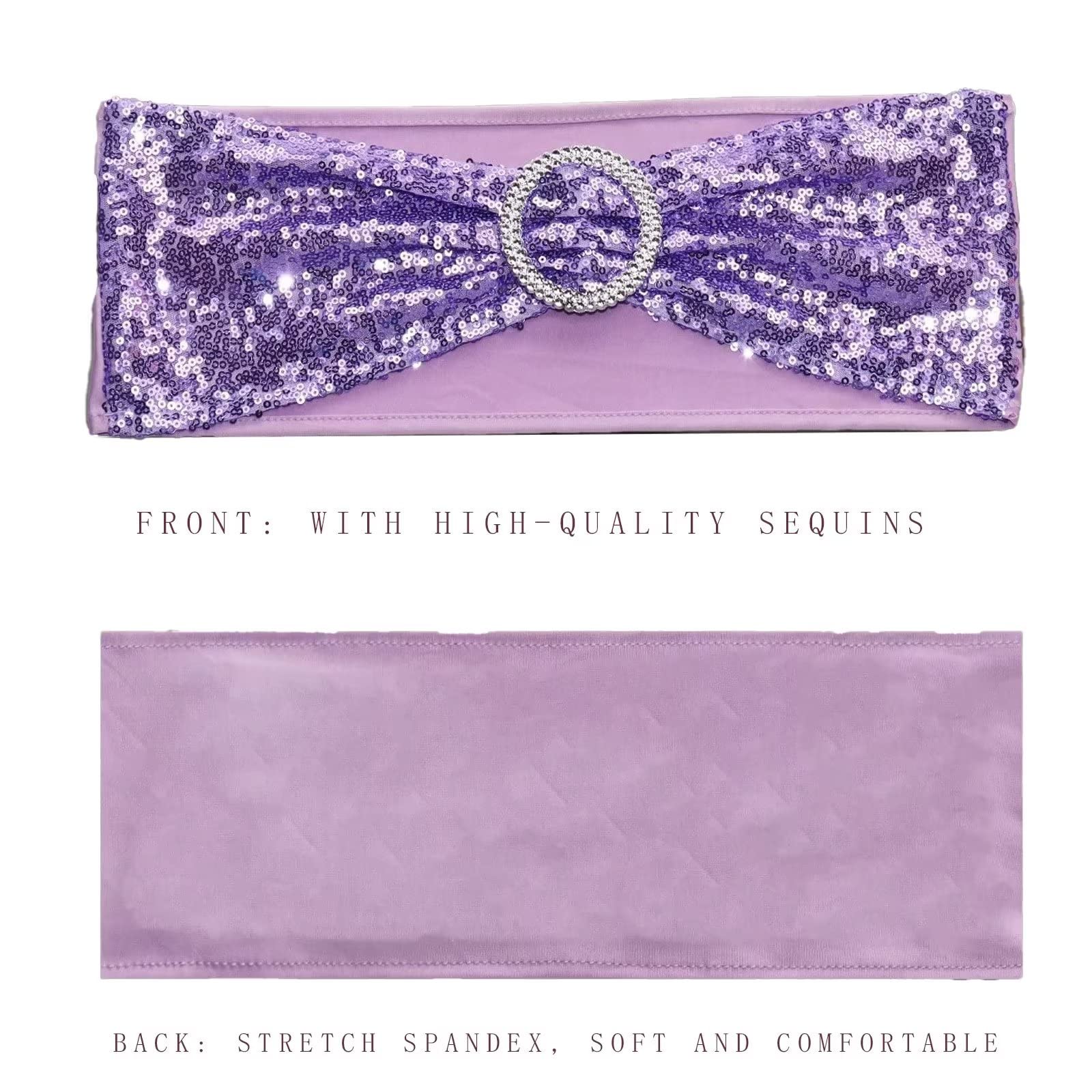 20 Pack Sequin Chair Sashes - Stretchy Spandex Decorative Bands with Shiny Sequins for Wedding, Party, Banquet & Home Decor (Lavender) - Perfect for Chair Backs, Table Centerpieces and Event Decorations