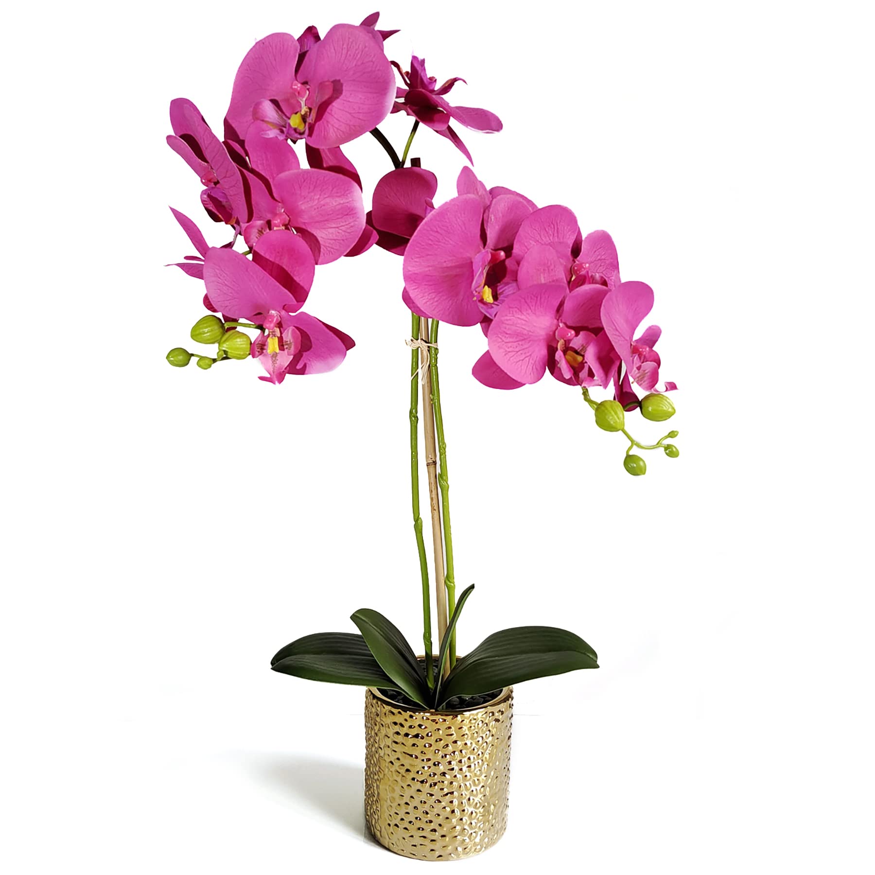 Purple Fuchsia Silk Artificial Orchid Flowers in Golden Vase - 21