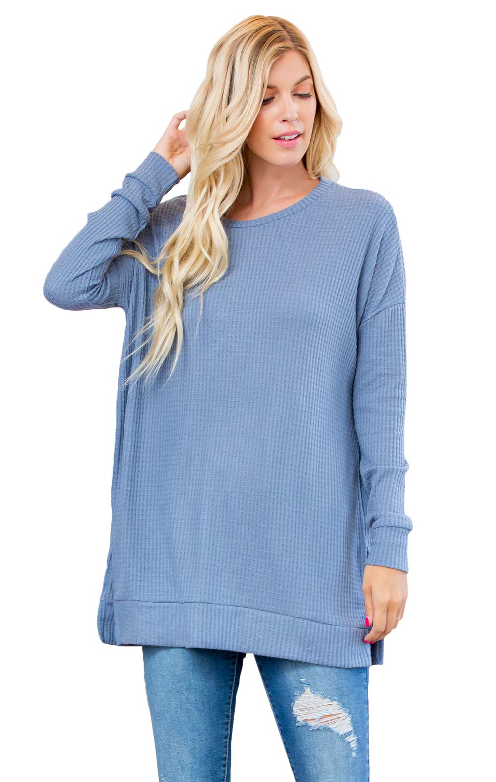 RIAH FASHION Women's Waffle Knit Henley T-Shirt Tunic - Soft Loose Fit Round Neck Long Sleeve Casual Top for Fall & Winter | Perfect for Layering, Daily Wear and Office Outfits