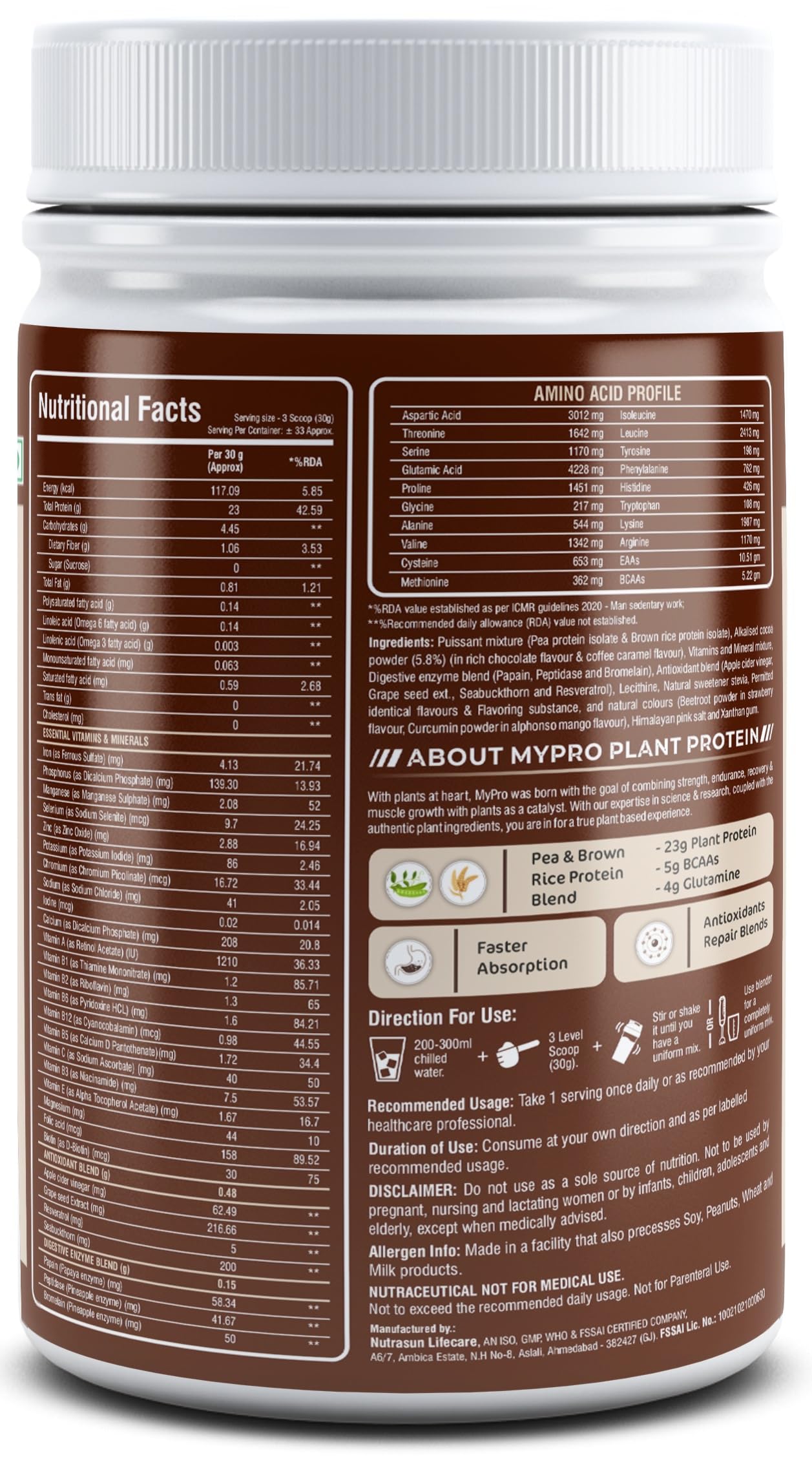 Mypro Sport Nutrition Plant Protein Powder - Pea & Brown Rice Protein (23g Protein, 22 Vitamins & Minerals, 5g BCAA) Vegan Protein Supplement for Men & Women - Chocolate Flavor (1000g) for Post-Workout Recovery & Muscle Growth