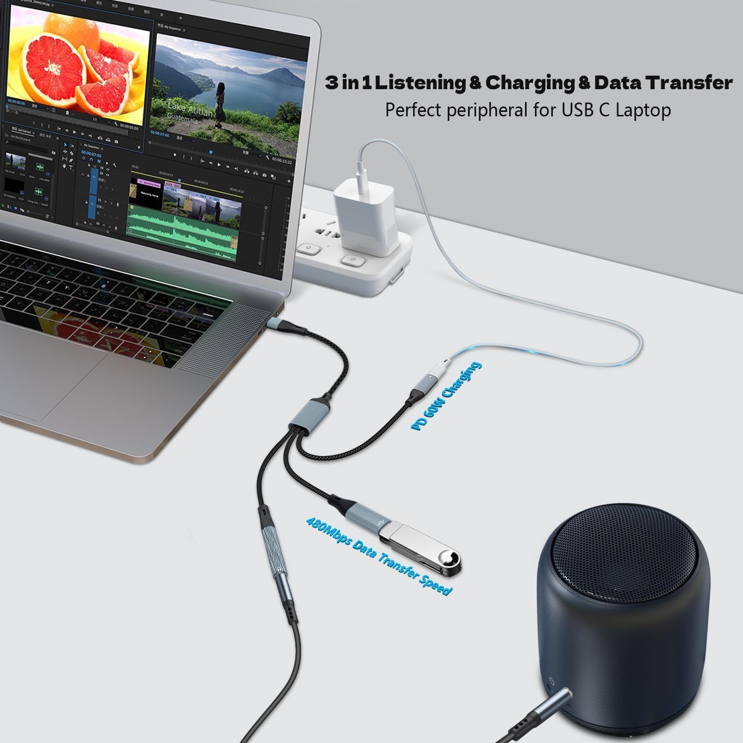 USB C Splitter with 3.5mm Headphone Jack & 60W PD Charging - 3-in-1 USB C to USB A OTG Adapter for Fast Data Transfer - Compatible with iPad Pro, MacBook, iPhone 16/15, Galaxy S24/S23 - Perfect for Travel, Work & Multi-Device Charging