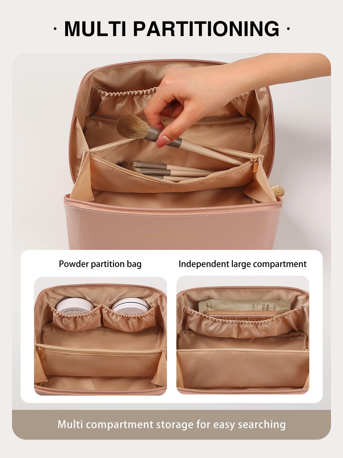 TOMILL Large Leather Makeup Bag for Women - Waterproof Travel Cosmetic Organizer (9.5x5.2x5.2 inches) - Perfect for Toiletries, Cosmetics & Accessories | Portable Wide-Open Design | Ideal for Travel, Gym & Daily Use | A-Pink Sweetness Collection