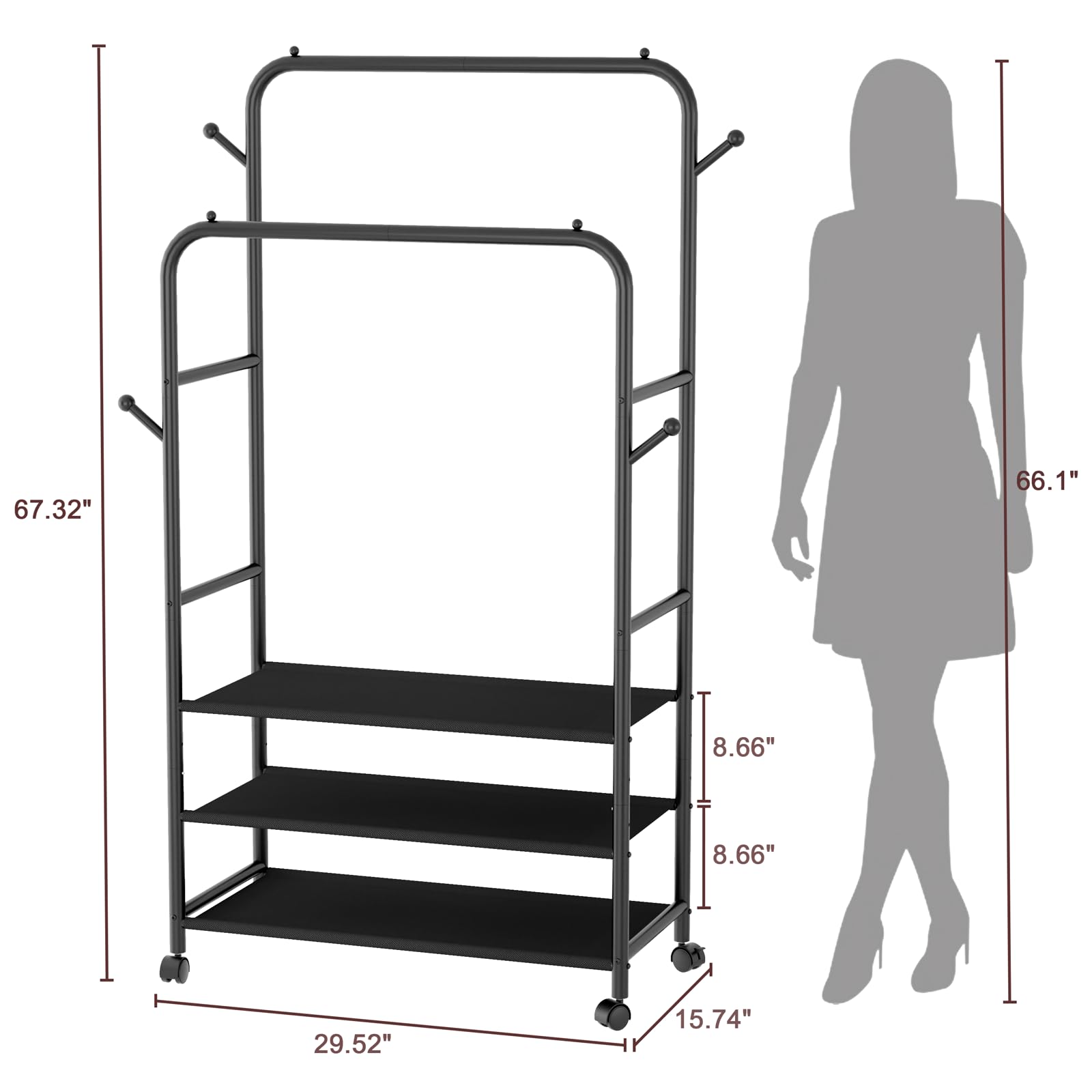 Furologee Double Rods Rolling Garment Rack with 3-Tier Storage Shelf & 4 Hooks - Portable Closet Organizer for Bedroom, Living Room - Black | Perfect for Small Spaces, Laundry Rooms & Apartment Storage