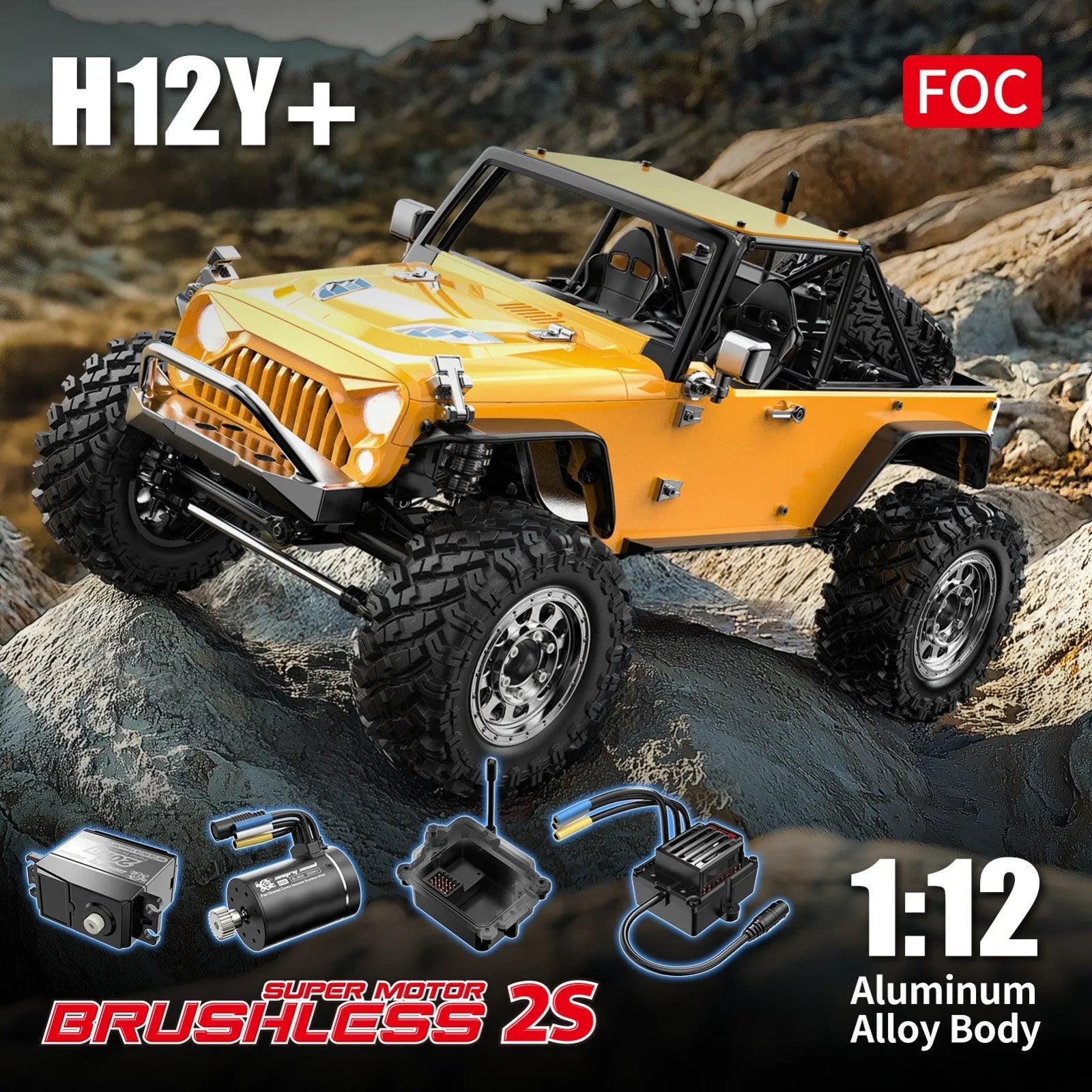 MJX Hyper Go H12Y+ 1/12 Scale High Speed RC Car - 3650 Brushless Motor, Durable Aluminum Shell, 4WD Off-Road Remote Control Truck (Yellow) - Perfect for Backyard Racing, Off-Road Adventures & RC Hobbyists