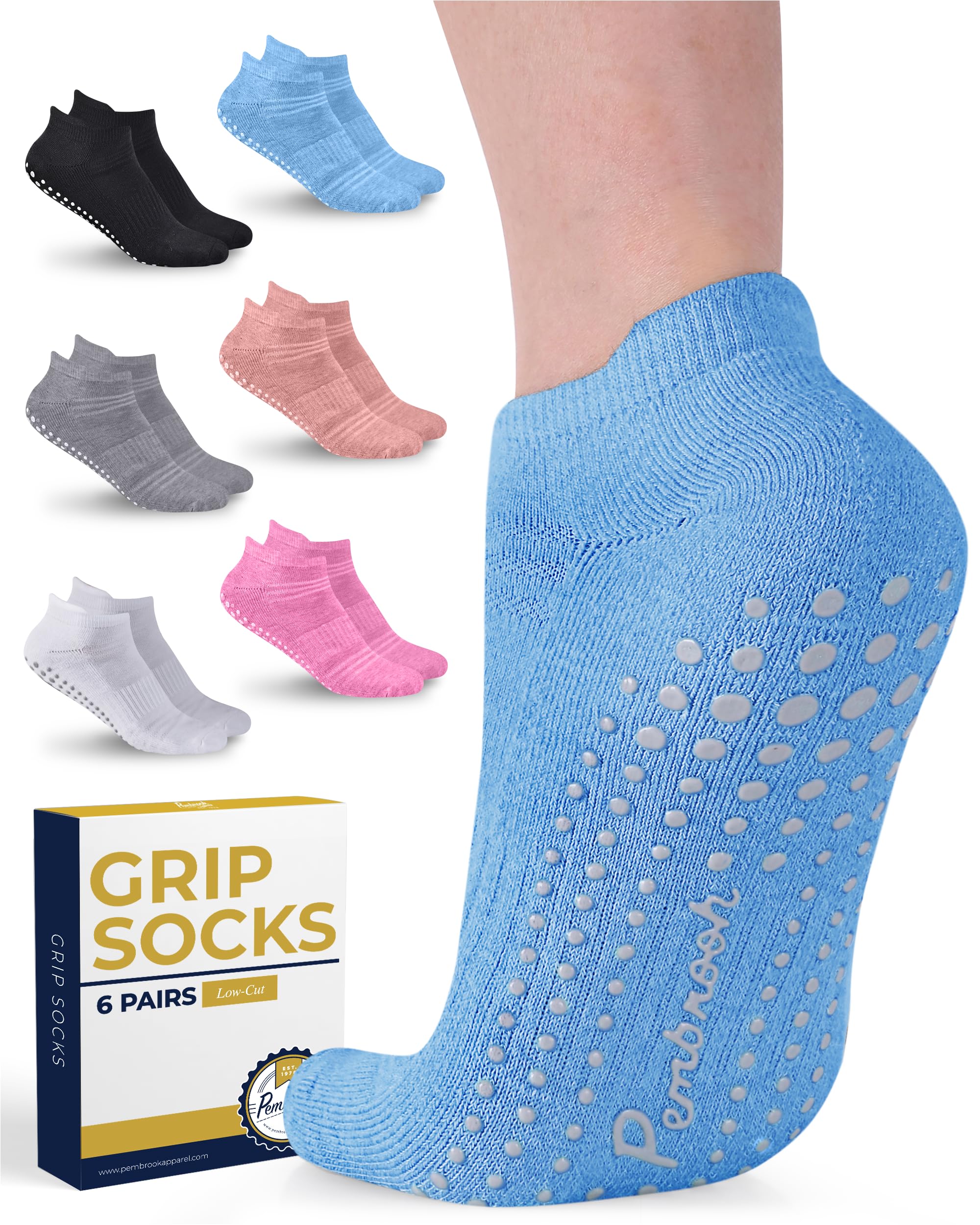 Pembrook Non-Slip Grip Socks for Women & Men - 6 Pairs Yoga, Barre & Pilates Socks with Anti-Skid Dots | Perfect for Dance, Workout & Home Use
