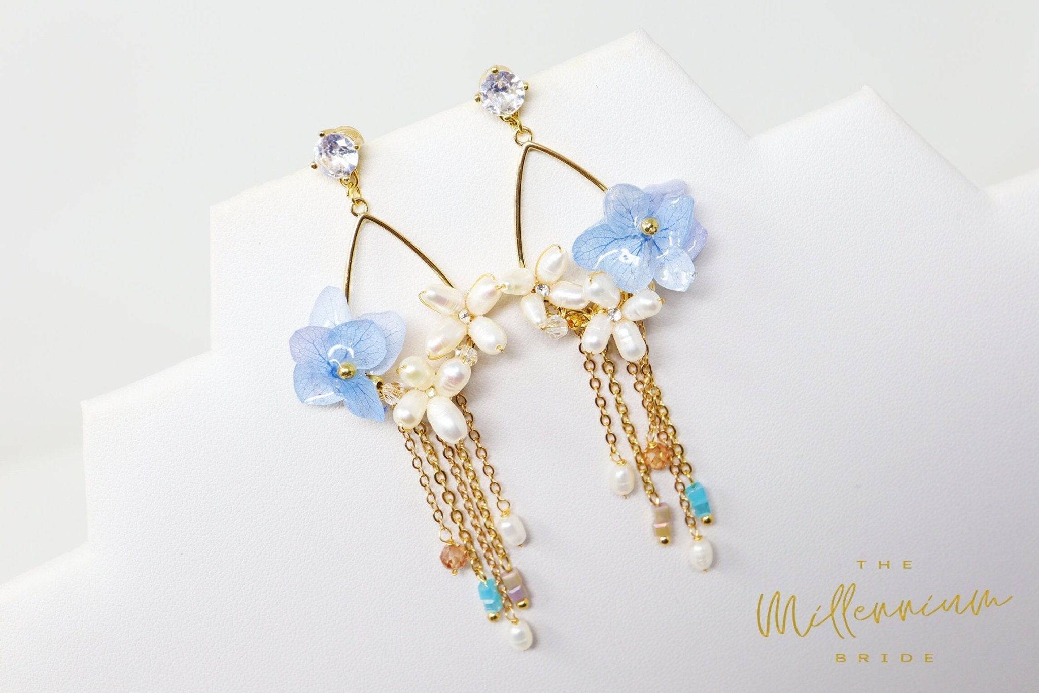 Blue White Freshwater Pearl Crystal Earrings – Elegant Bridal Jewelry with CZ Stones | Perfect for Weddings, Prom & Special Occasions
