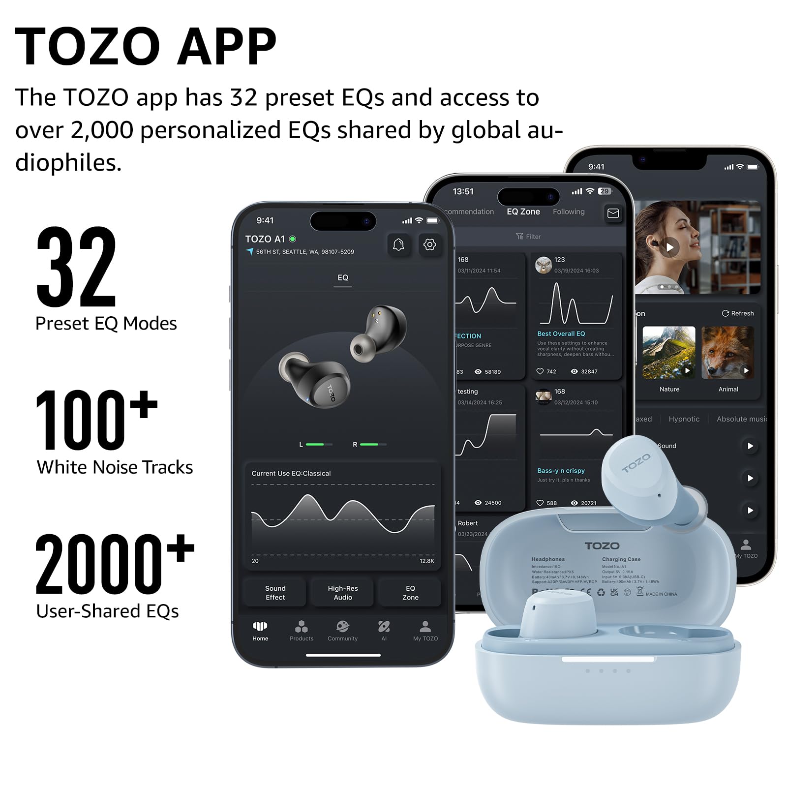 TOZO A1 Wireless Earbuds Bluetooth 5.3 - Lightweight IPX5 Waterproof Headphones with 2 Mics for AI Calls, Immersive Bass Sound & 32 EQ Presets via App - Perfect for Gym, Running, Workouts & Commuting