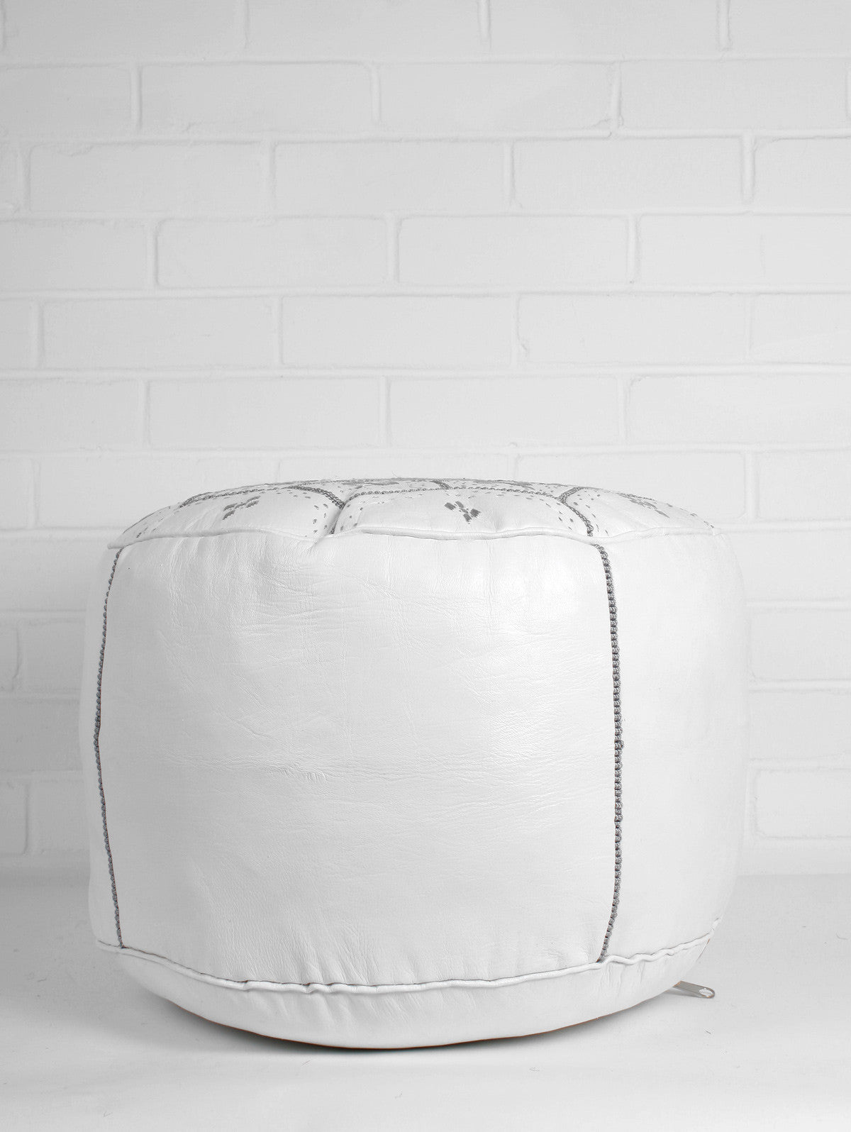 Handmade Moroccan Leather Tile Pouffe Ottoman - White & Grey Boho Chic Footstool for Living Room, Bedroom & Lounge Decor