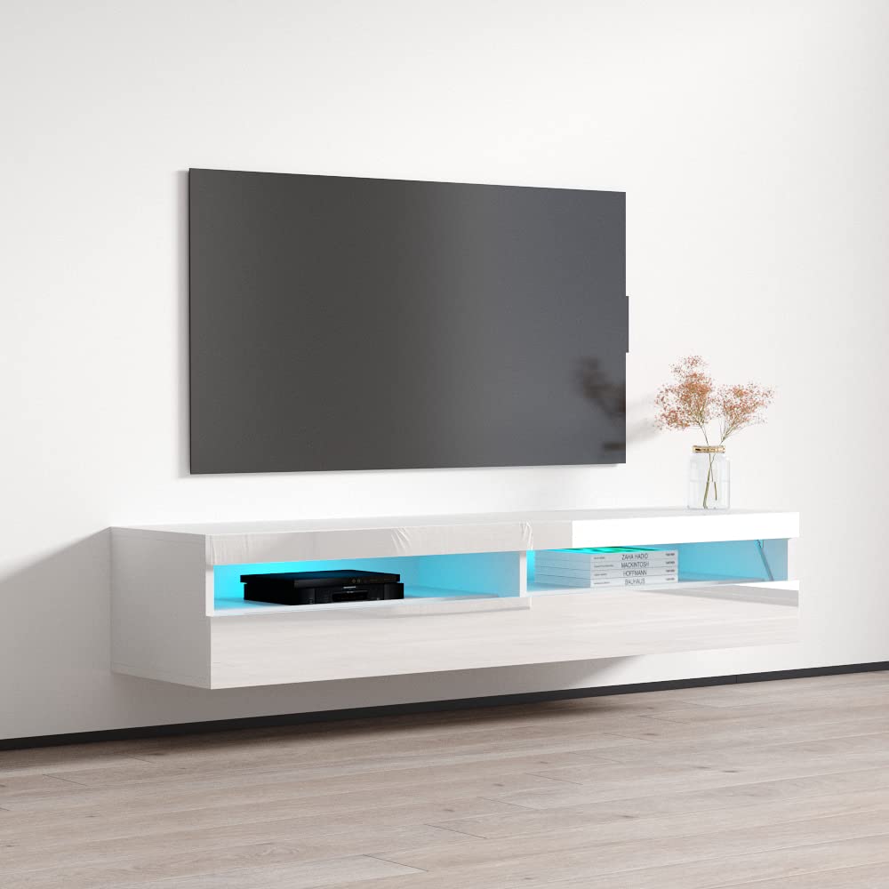 Modern Floating TV Stand with Storage & LED Lights - High Gloss White Rectangular Media Console for TVs Up to 70