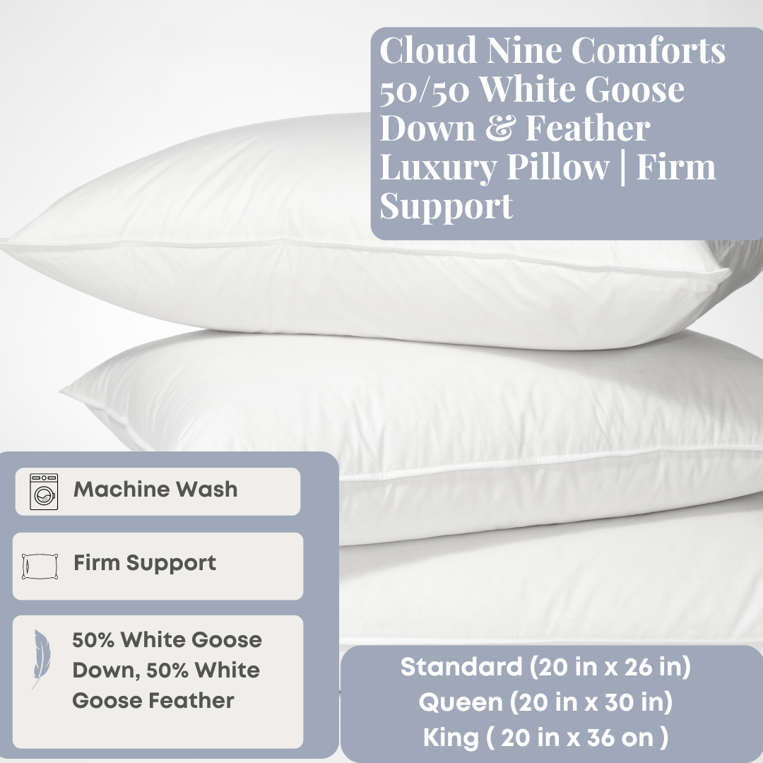 Premium 50/50 White Goose Down & Feather Luxury Pillow - Firm Support for Neck & Back Pain Relief - Perfect for Side Sleepers & Hotel-Style Comfort
